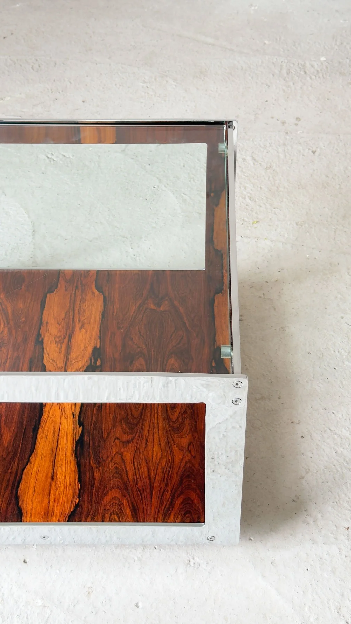 Merrow Associates “Gresley” Side Table in Rosewood, Chrome & Glass, 1970s - Department