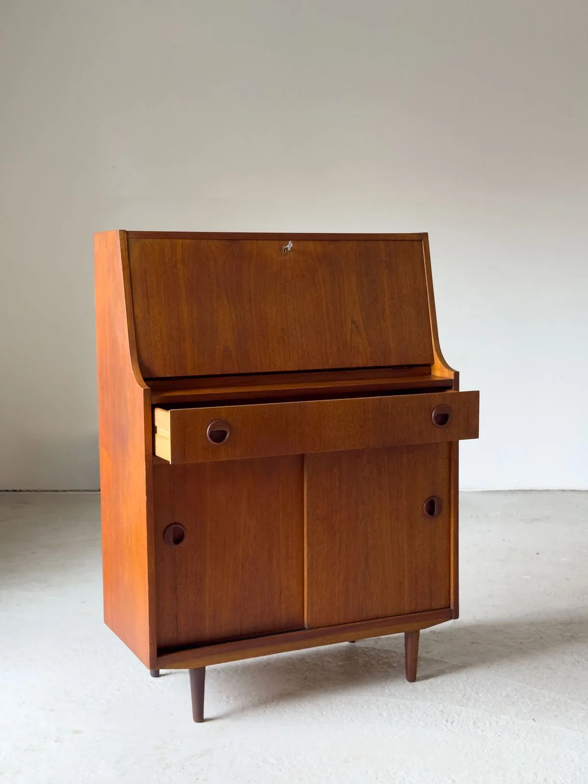 Doncraft Small Teak Bureau – British Mid-Century Desk with Key - Department