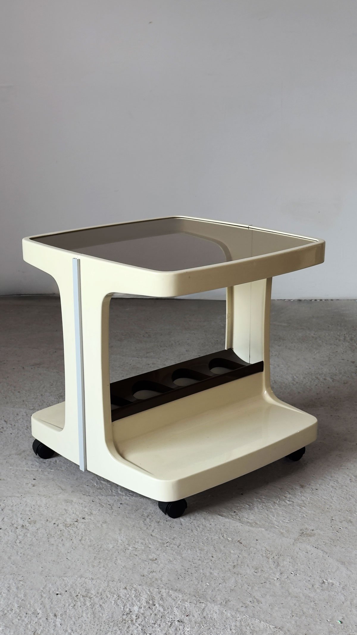 Marc Held, Cream Smoked Glass Coffee Table / Drinks Trolley, c.1960s - Department