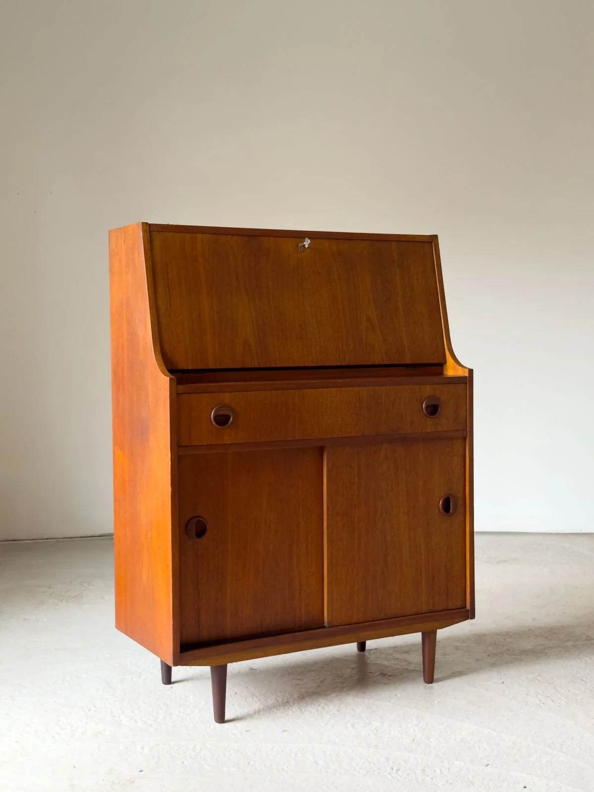 Doncraft Small Teak Bureau – British Mid-Century Desk with Key - Department