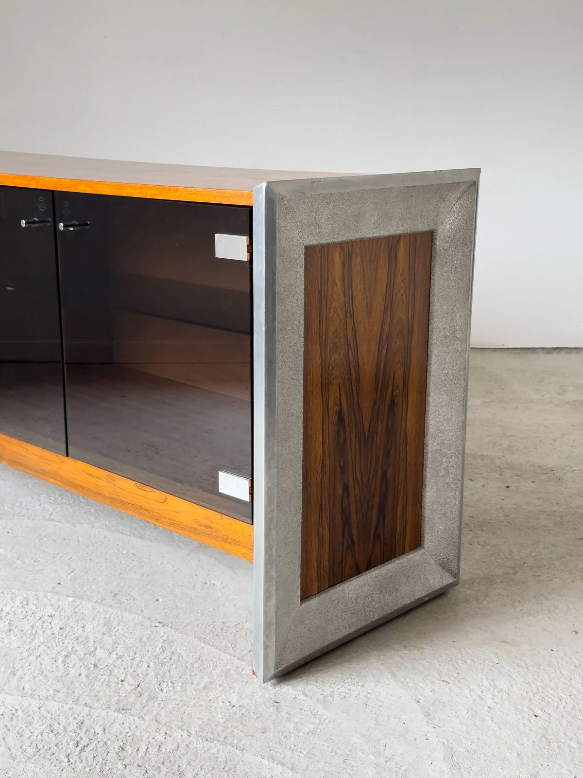 Richard Young for Merrow Associates Rosewood, Chrome & Smoked Glass Sideboard, 1960s - Department