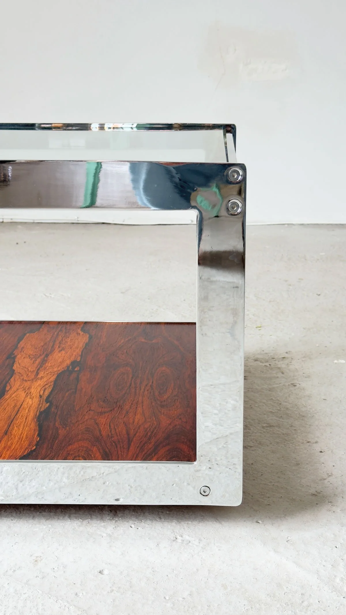 Merrow Associates “Gresley” Side Table in Rosewood, Chrome & Glass, 1970s - Department