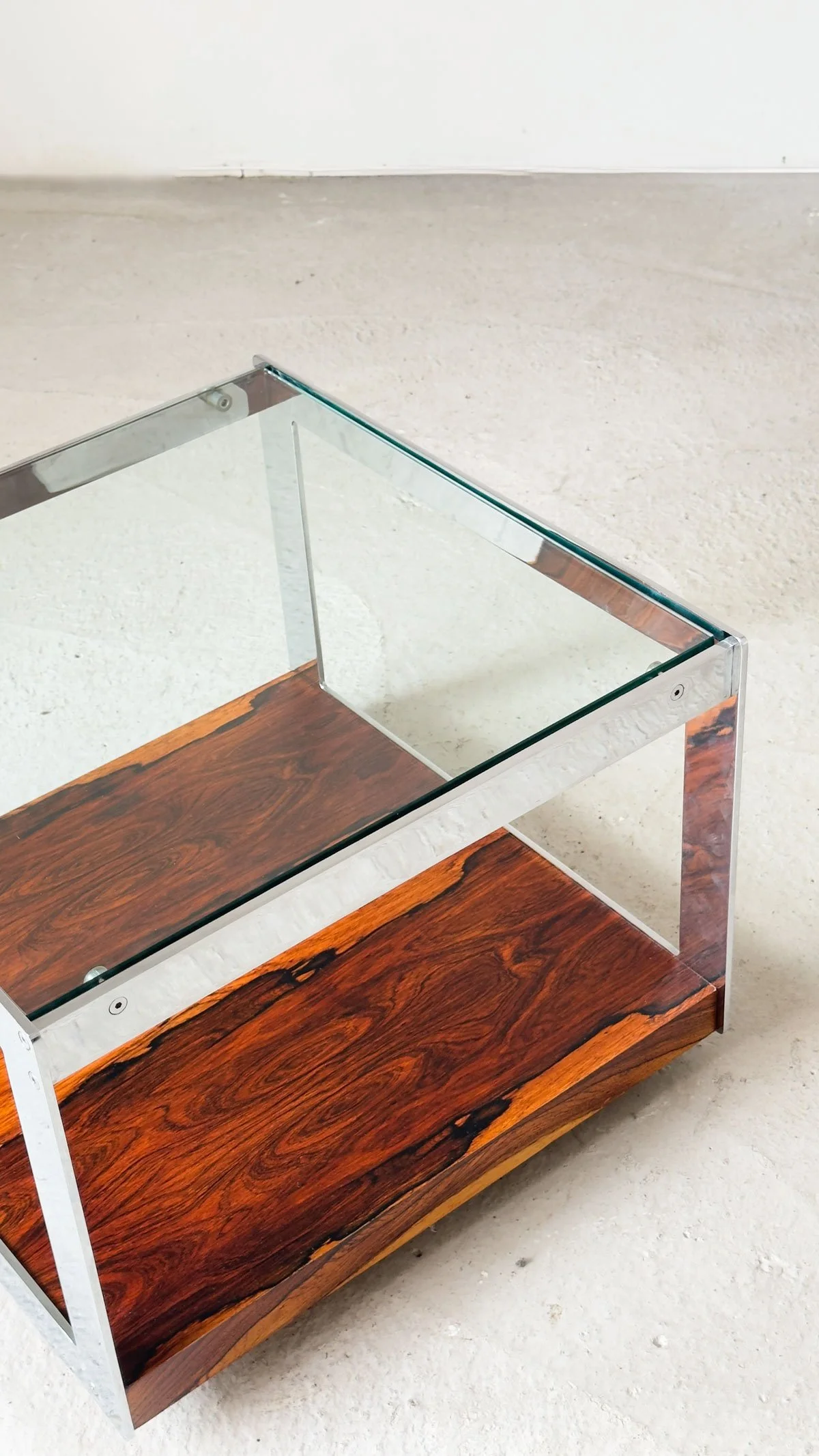 Merrow Associates “Gresley” Side Table in Rosewood, Chrome & Glass, 1970s - Department