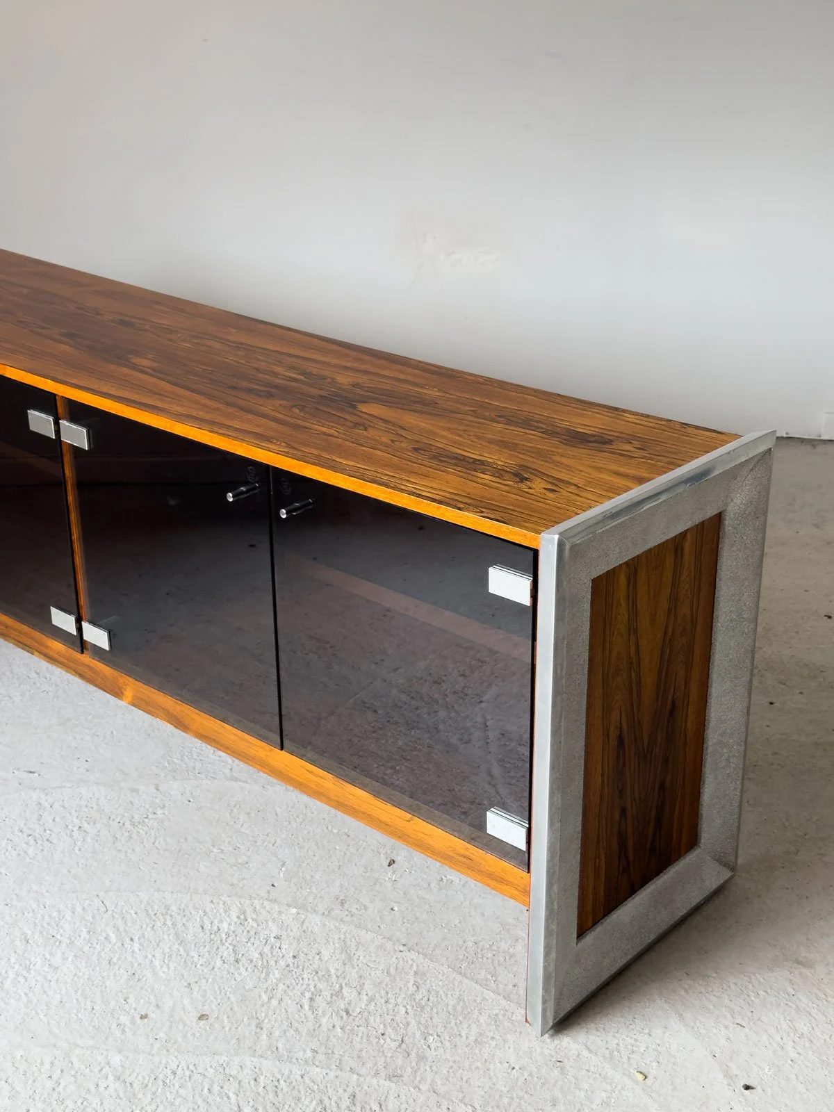 Richard Young for Merrow Associates Rosewood, Chrome & Smoked Glass Sideboard, 1960s - Department