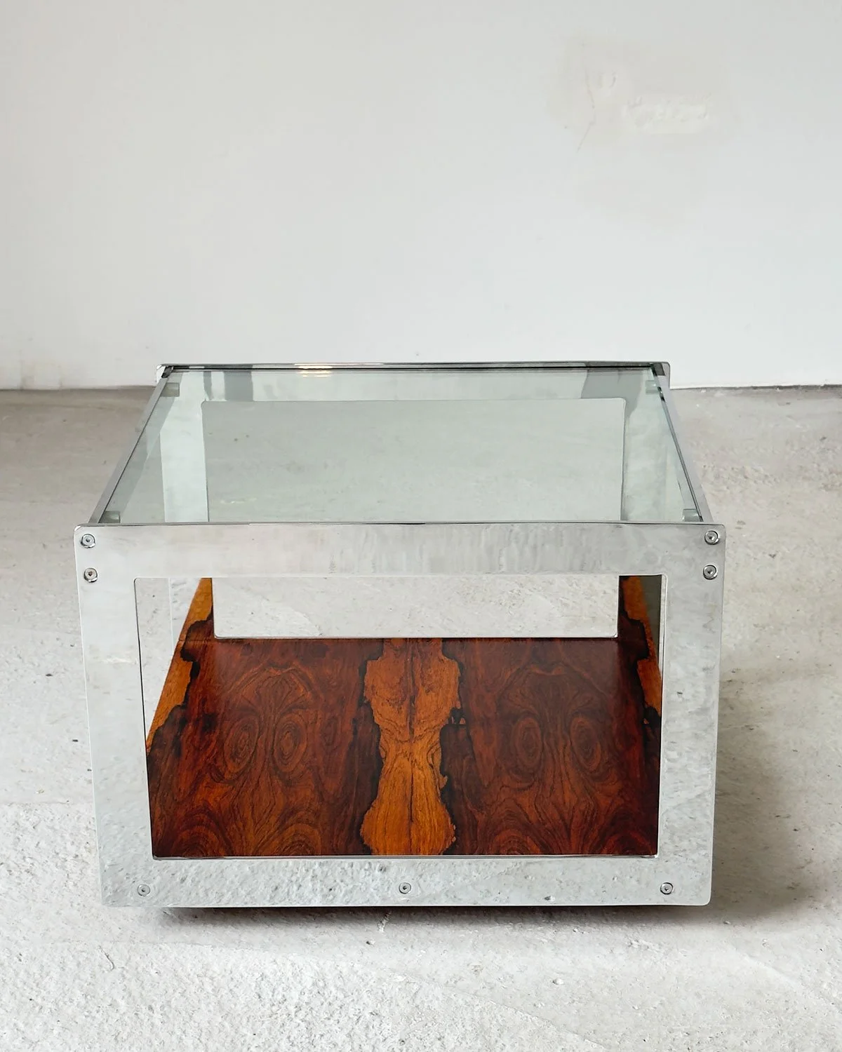 Merrow Associates “Gresley” Side Table in Rosewood, Chrome & Glass, 1970s - Department