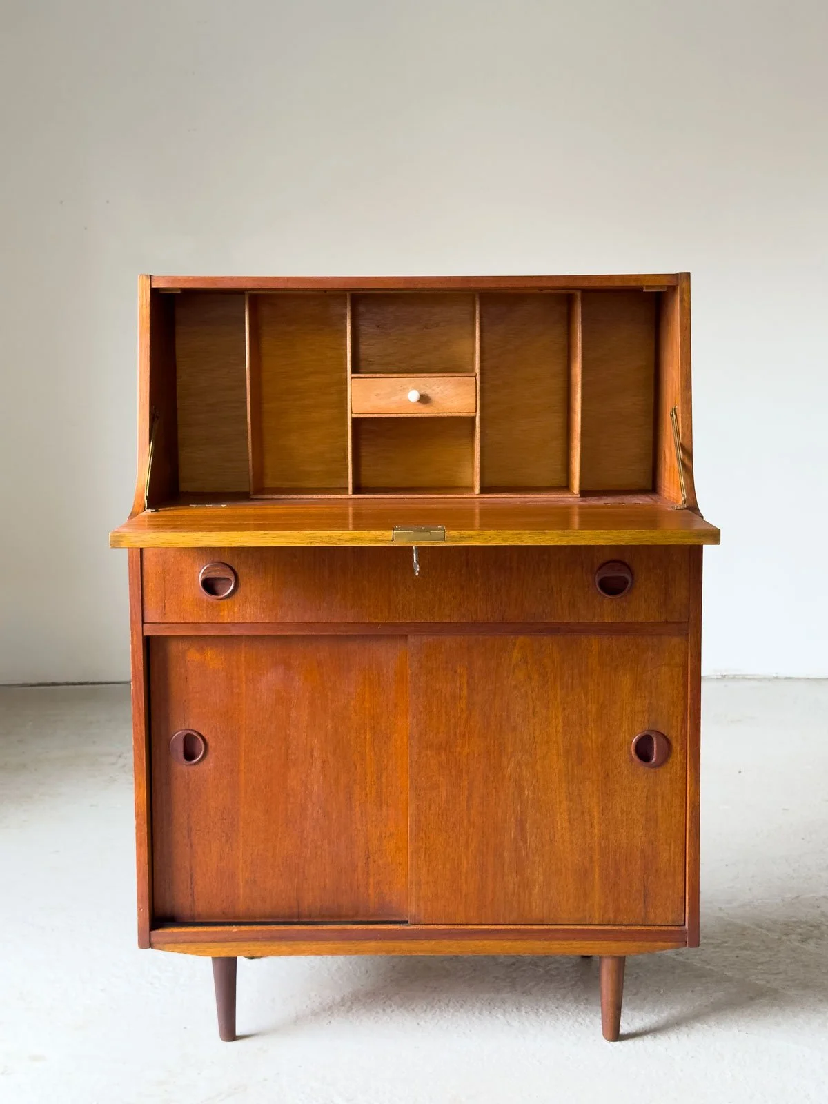 Doncraft Small Teak Bureau – British Mid-Century Desk with Key - Department