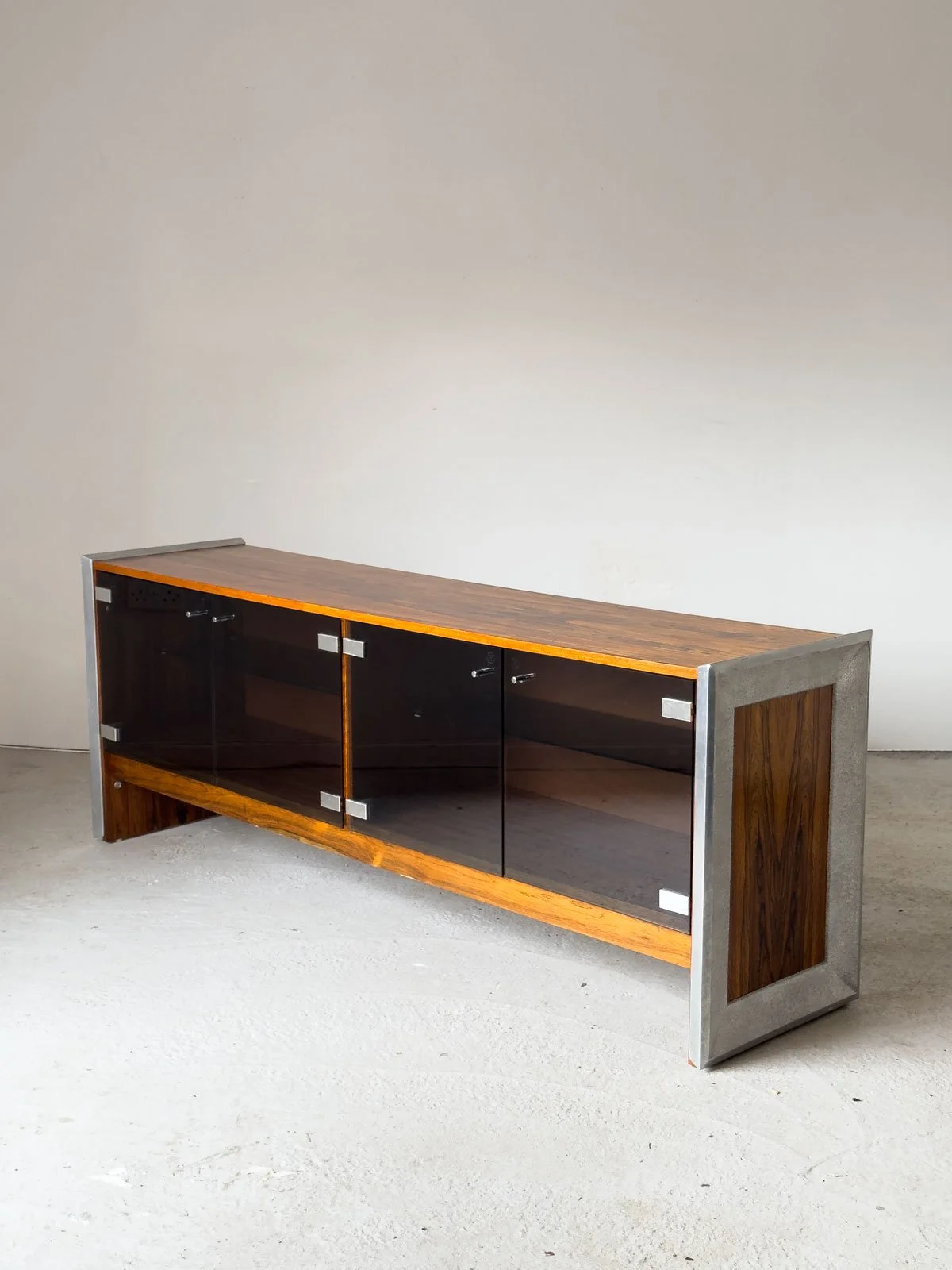 Richard Young for Merrow Associates Rosewood, Chrome & Smoked Glass Sideboard, 1960s - Department