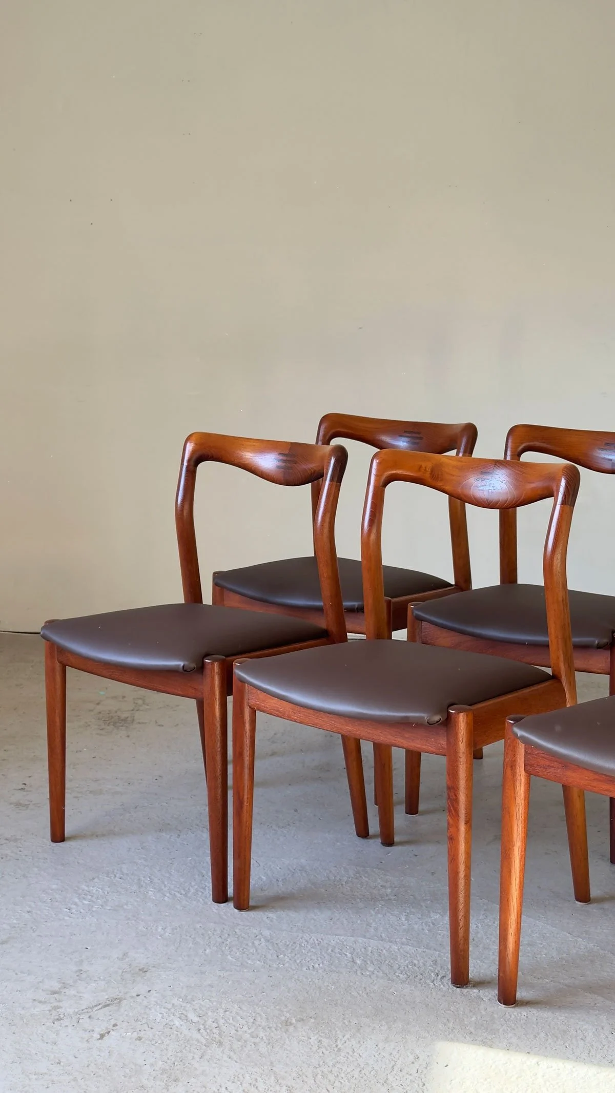Rare Set of 6 Henry Walter Klein Teak Dining Chairs – Rosewood Joint Detail, Newly Upholstered - Department