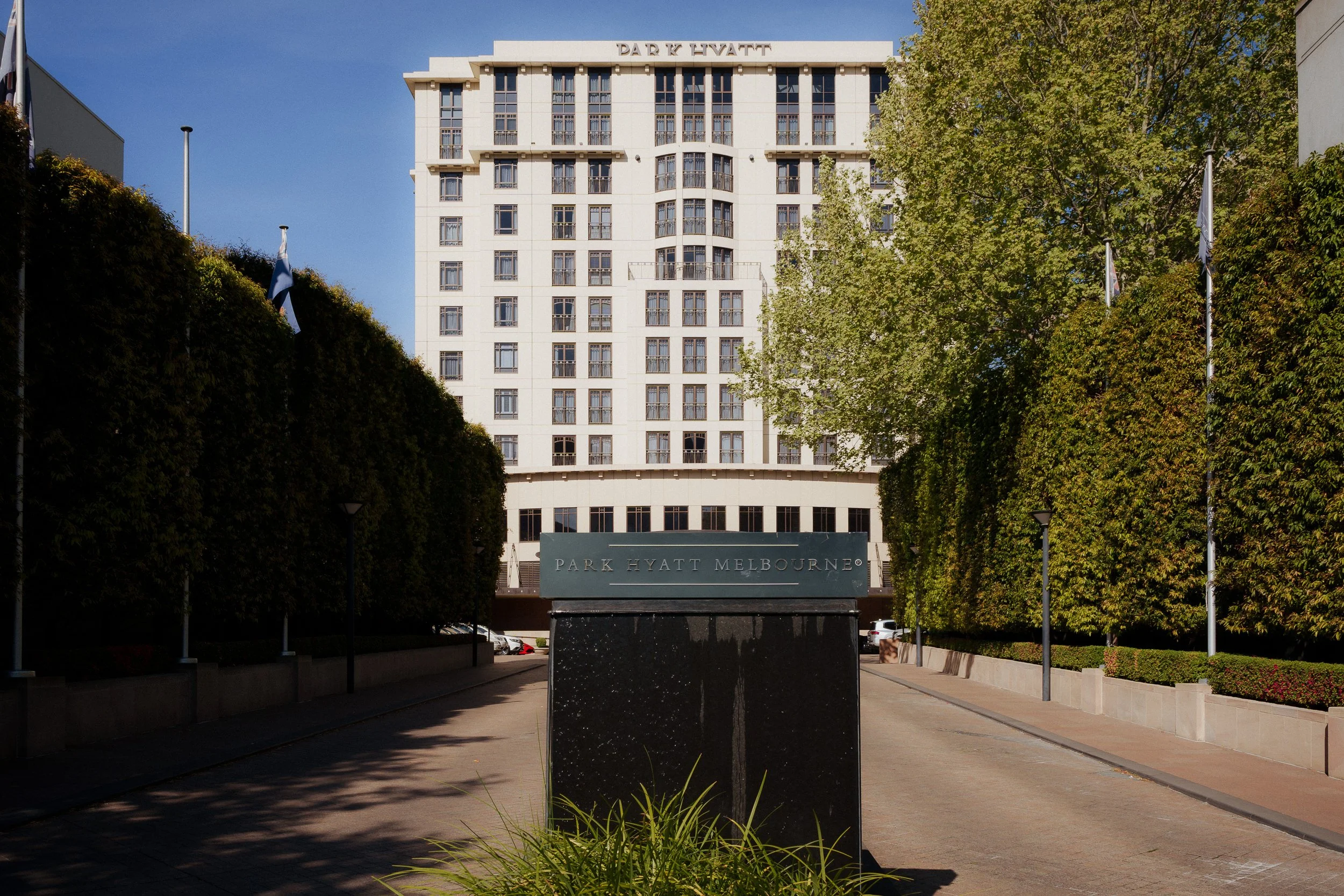 The Park Hyatt Melbourne front driveway including the water feature in front of the main hotel building