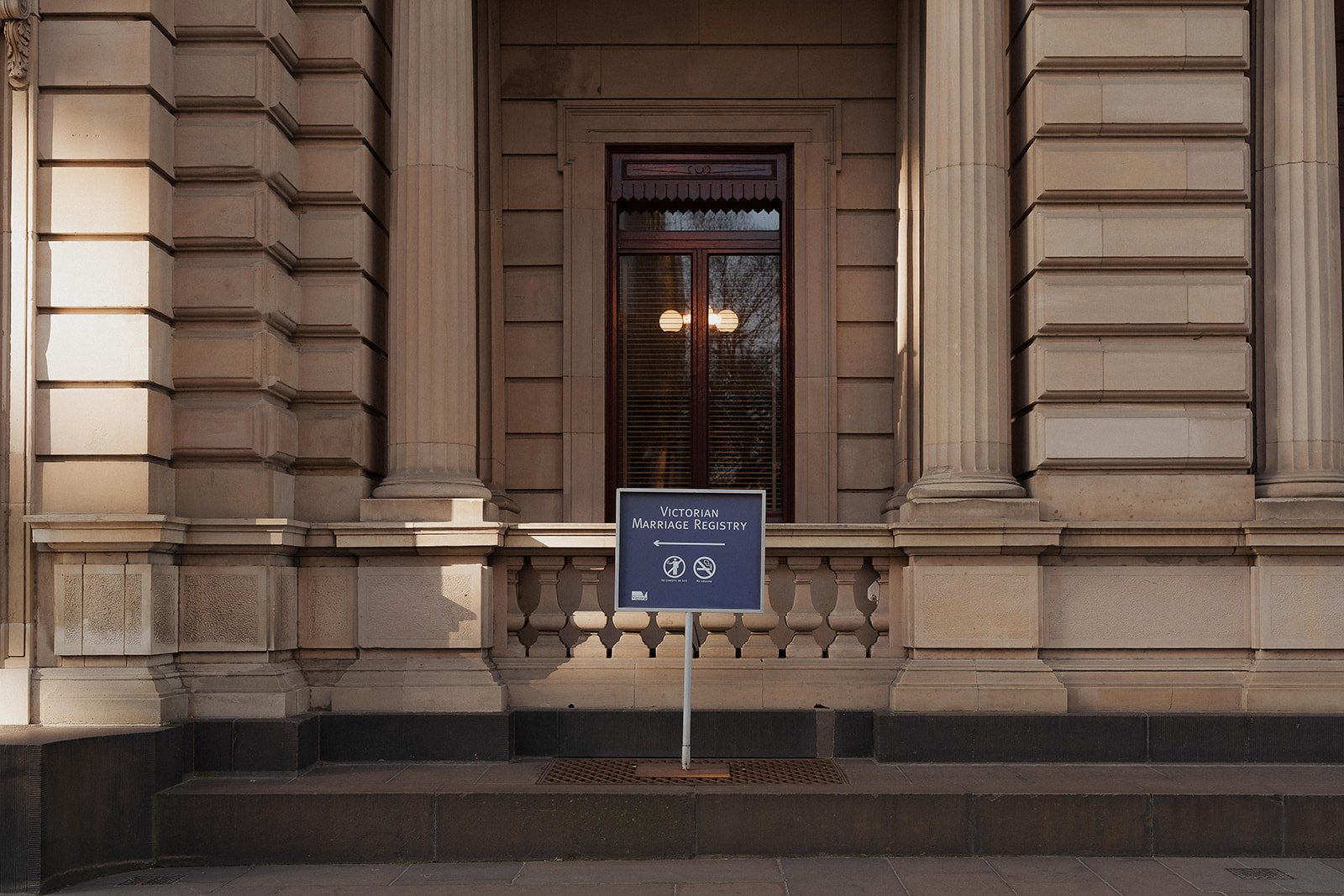 The welcome sign at the Old Treasury Building to indicate the entry door to the Vic Marriage Registry