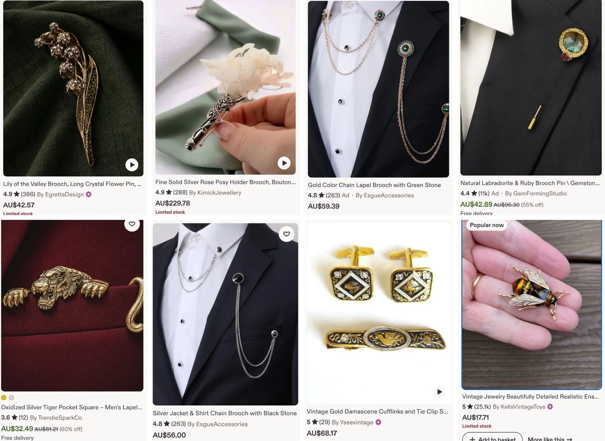 A collection of screenshots from Etsy showing various tie pins, brooches and suit embellishments