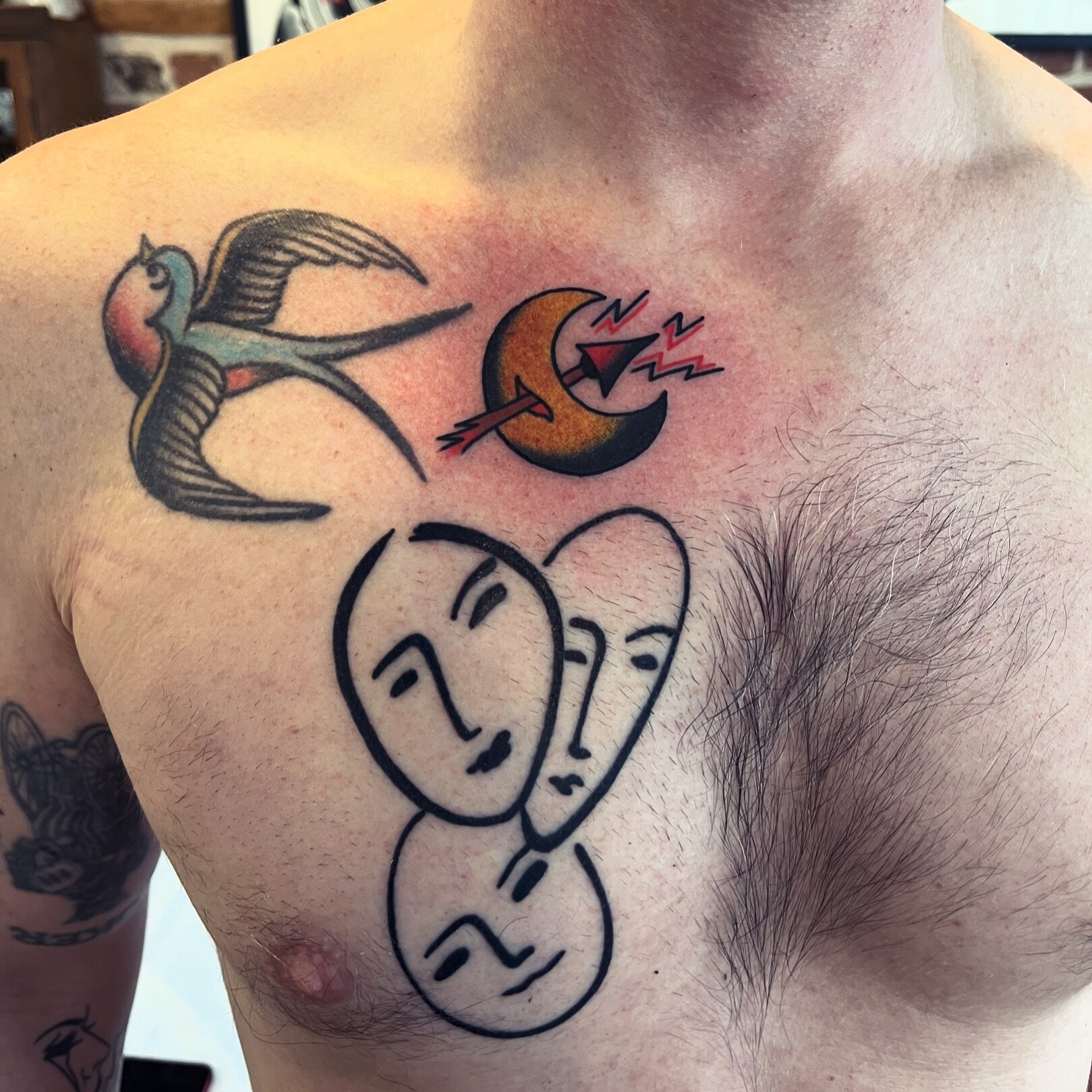 🌜The Matisse faces are about a week healed and the moon is fresh. Thanks for getting some fun tattoos Chris!🌛 @greenpointtattooco 

🌝 Booking for the rest of March and April! Get at me if you&rsquo;d like to book a tattoo!

#matisse #matissetattoo