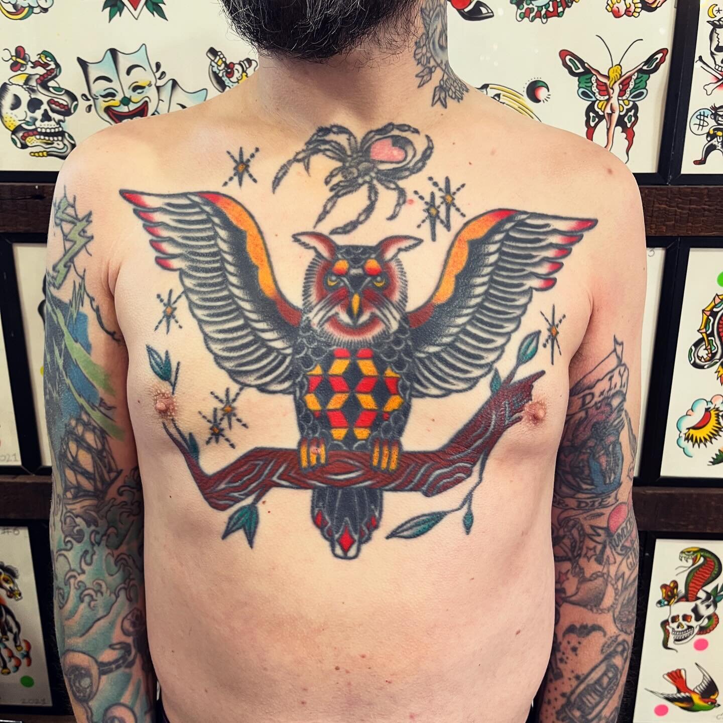 🦉 Owls are not what they seem 🦉 After a few years we finally tidied up @barker_and_sons chest piece. Thanks for the trust all these years Ross 🙏🏼❤️ This was my very first chest piece that we started in 2010/2011 at Thicker Than Water, shaded in 2