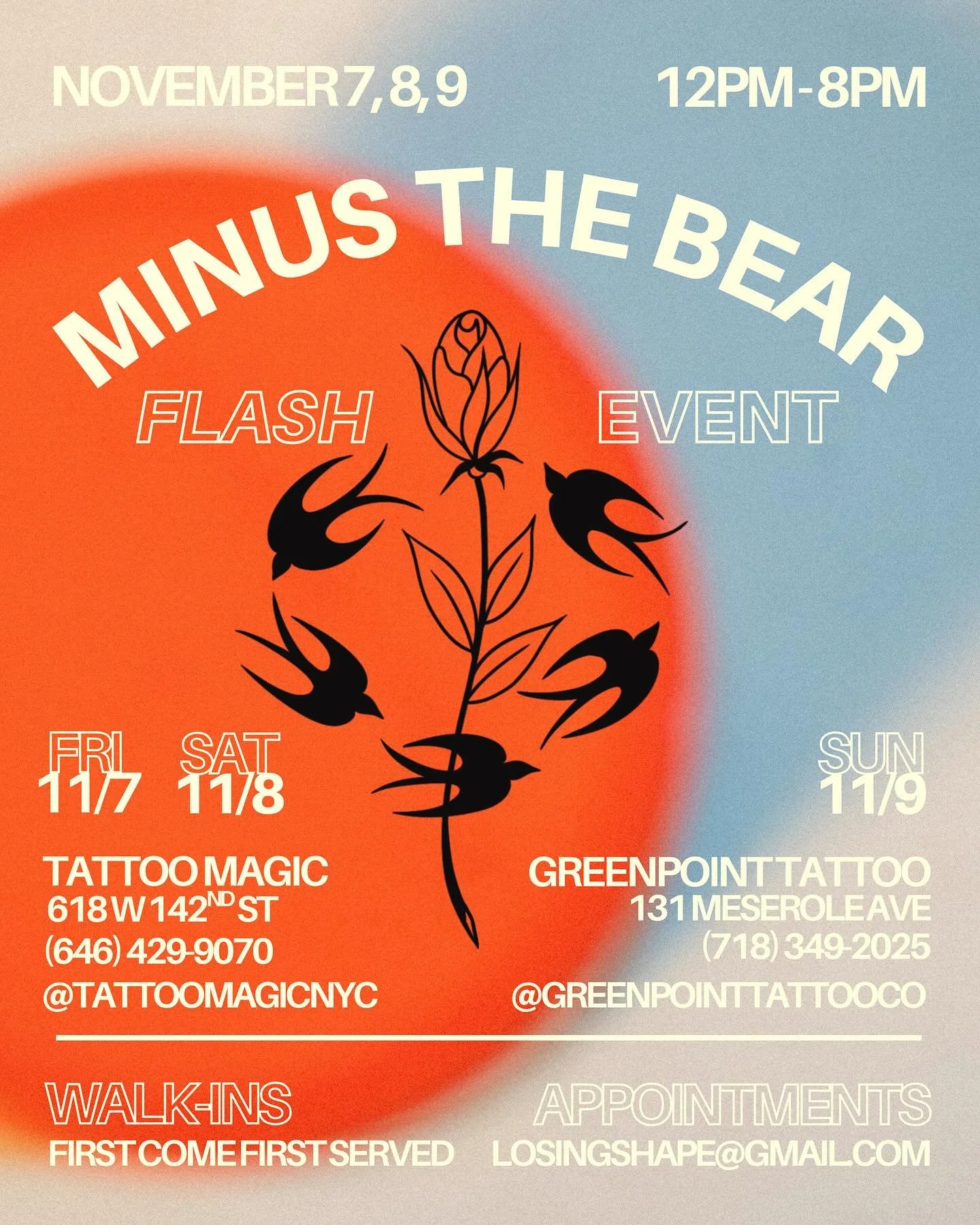 π½SAVE THE DATES NEW YORK CITY! π½To celebrate 20 years of the @minusthebear Menos el Oso album join us the weekend of NOV 7-8-9 for a Minus the Bear Tattoo Flash Event! Designs range from $100-$350.
ποΈ‍π¨οΈ12pm - 8pm. Walk-ins and appointments.