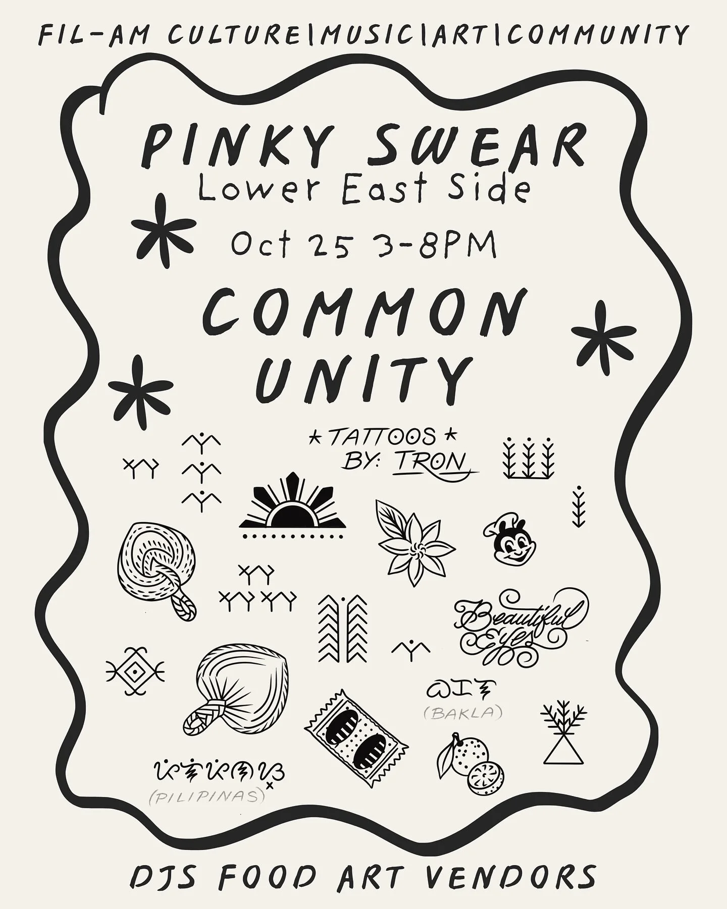 π΅π Join me along with a bunch of amazing DJs, vendors, and more this Sat Oct 25 from 3-8pm @commonunitynyc Pop Up @pinkyswearnyc
π© Pinky Swear - 171A Chrystie St
π§π»‍π¨ I’ll be tattooing designs from this flash sheet ranging from $60-