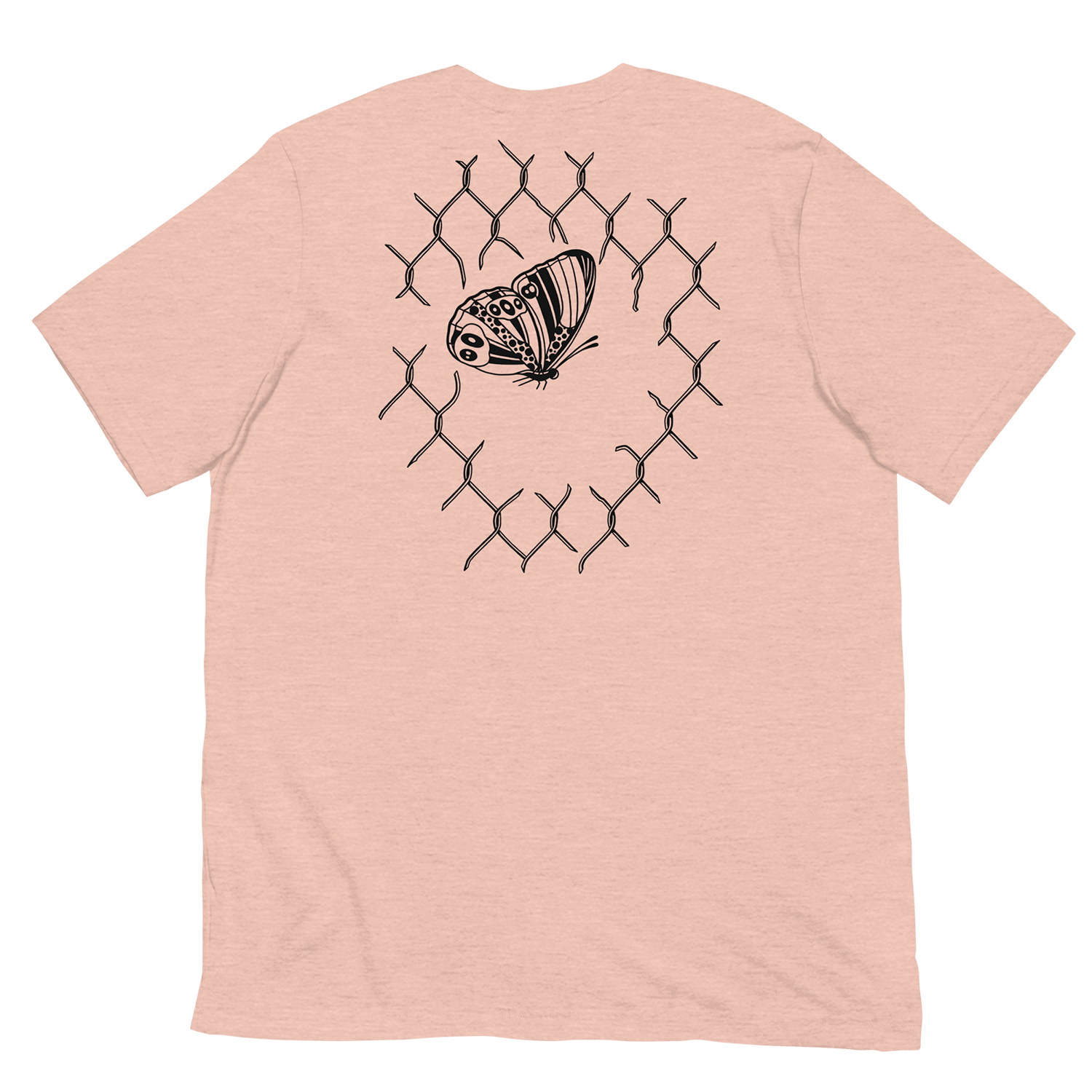 Back of Happy Half the Time tee showing a Tron design of a broken link fence with butterfly.