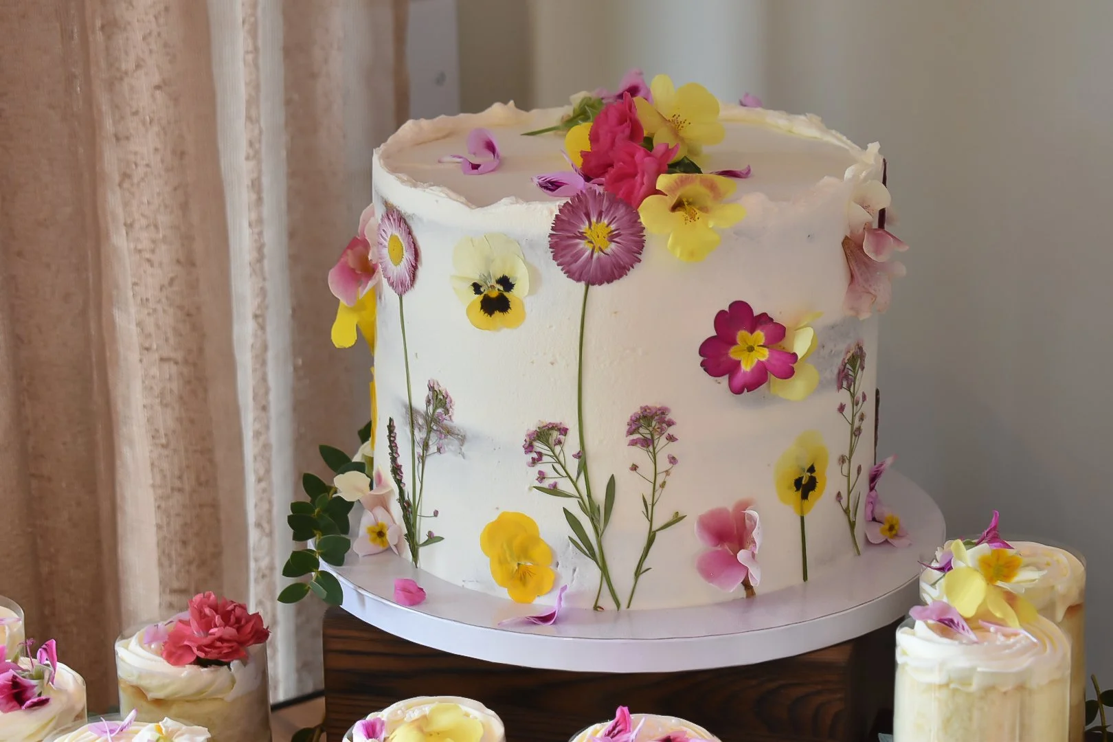 Pressed and fresh flower elopement wedding cake.