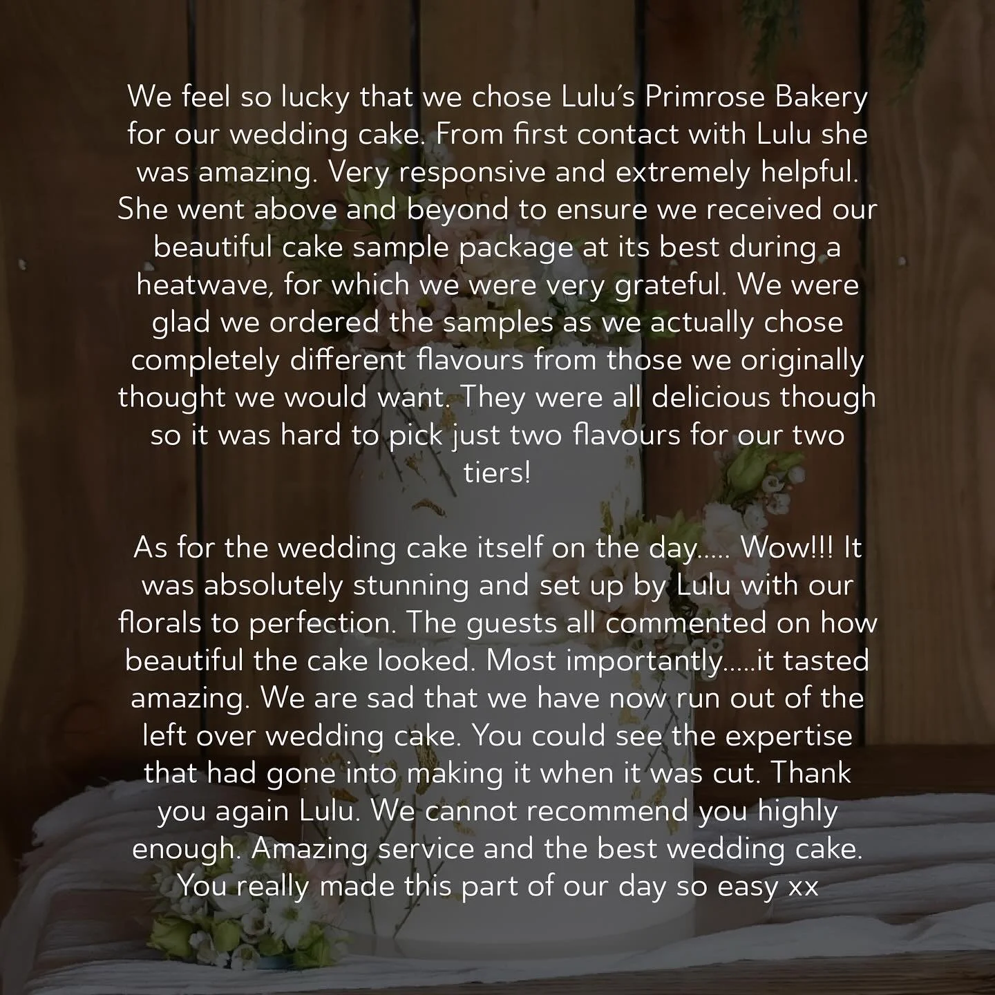 Feeling so grateful 🤍

I received the most beautiful words from one of my lovely couples and it honestly means the world to me. From cake tastings in the middle of a heatwave 🌞 to setting up their wedding cake with fresh florals on the big day 🌸 &
