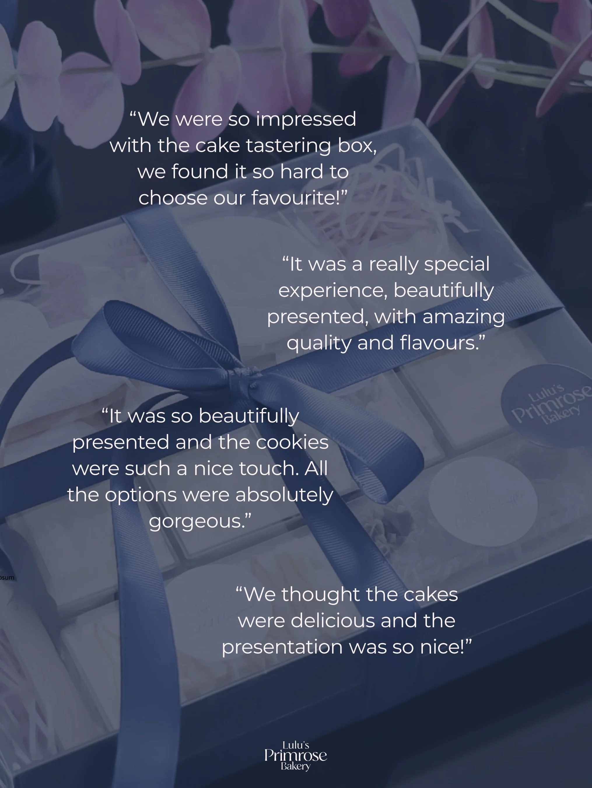 A little look at what my couples have to say about their cake tasting boxes 🥰

From the flavours themselves to the little details and presentation, I want opening your box to feel like the beginning of your wedding cake experience - not simply a box