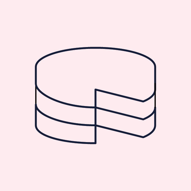 A simple outline drawing of a three-layer cake with one slice removed, set against a light pink background.
