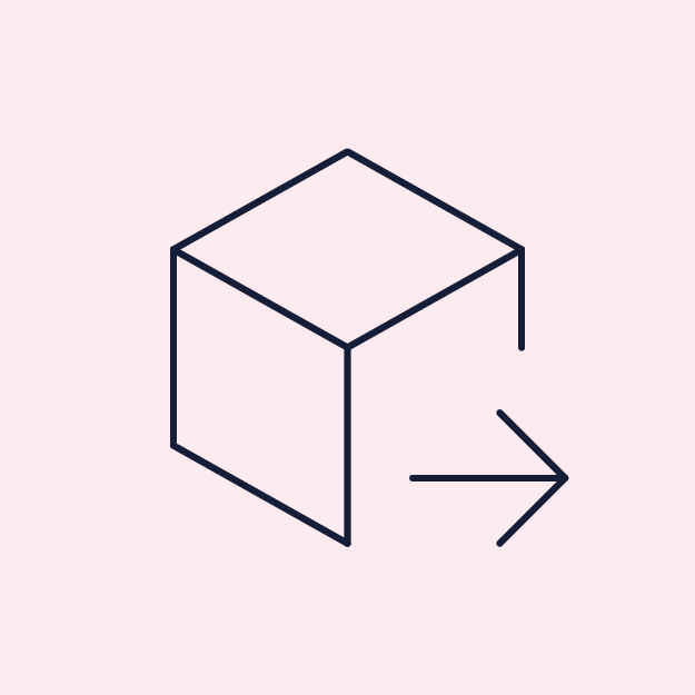 An outline of a cube with an arrow pointing to the right on a light pink background.