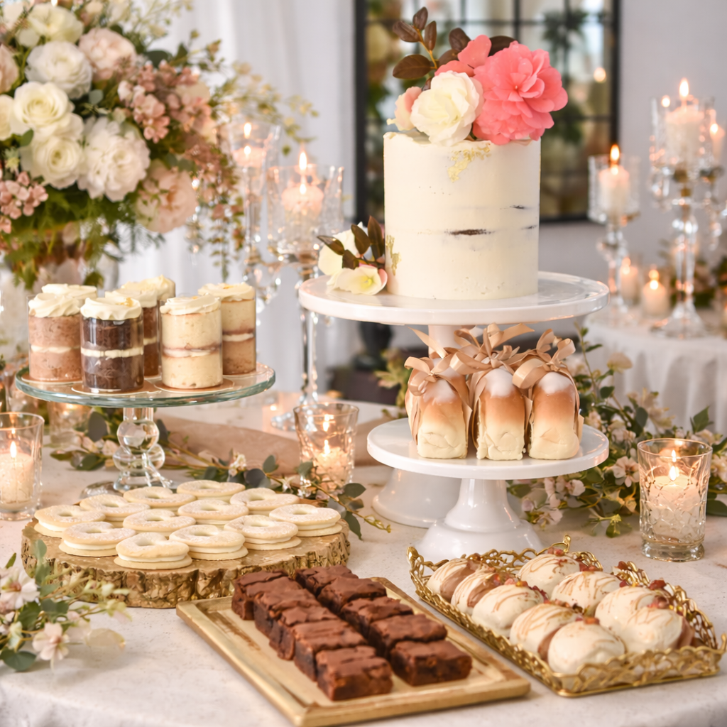 Table decorated with a variety of desserts, including a white frosted cake with pink and white flowers on top, cookies, brownies, and rolled pastries. There are candles and floral arrangements in the background.