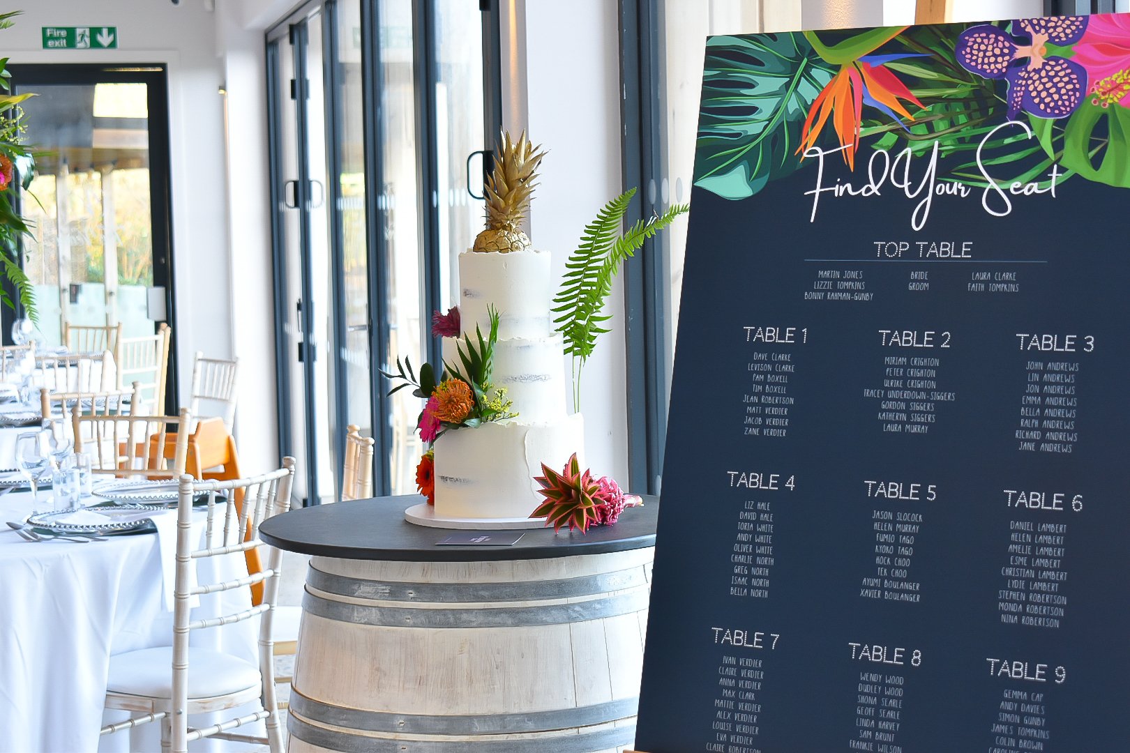 Tropical themed semi-naked wedding cake in Devon and Cornwall