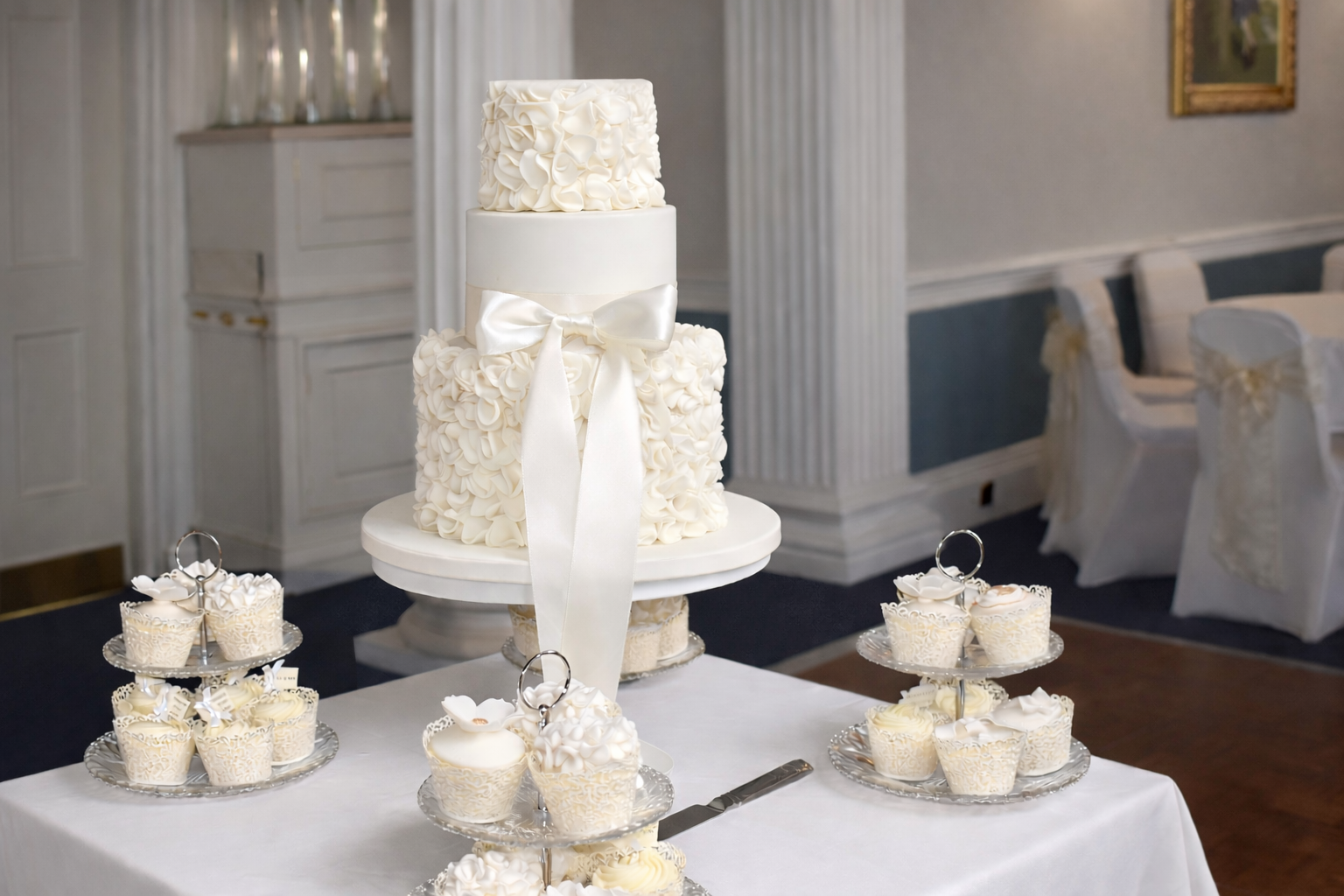 Fondant ruffle wedding cake with dessert table.