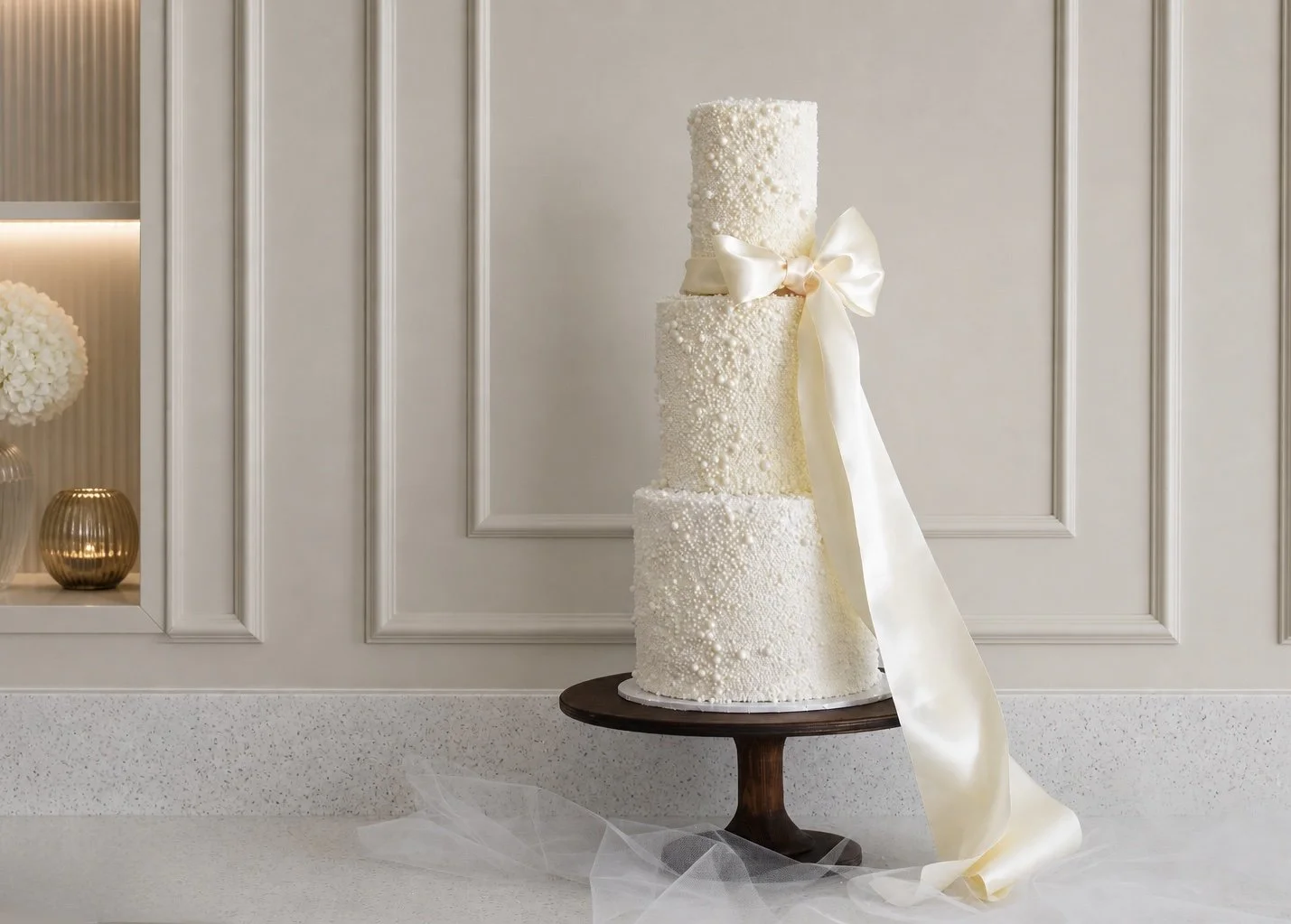 Ivory pearl wedding cake with large bow.