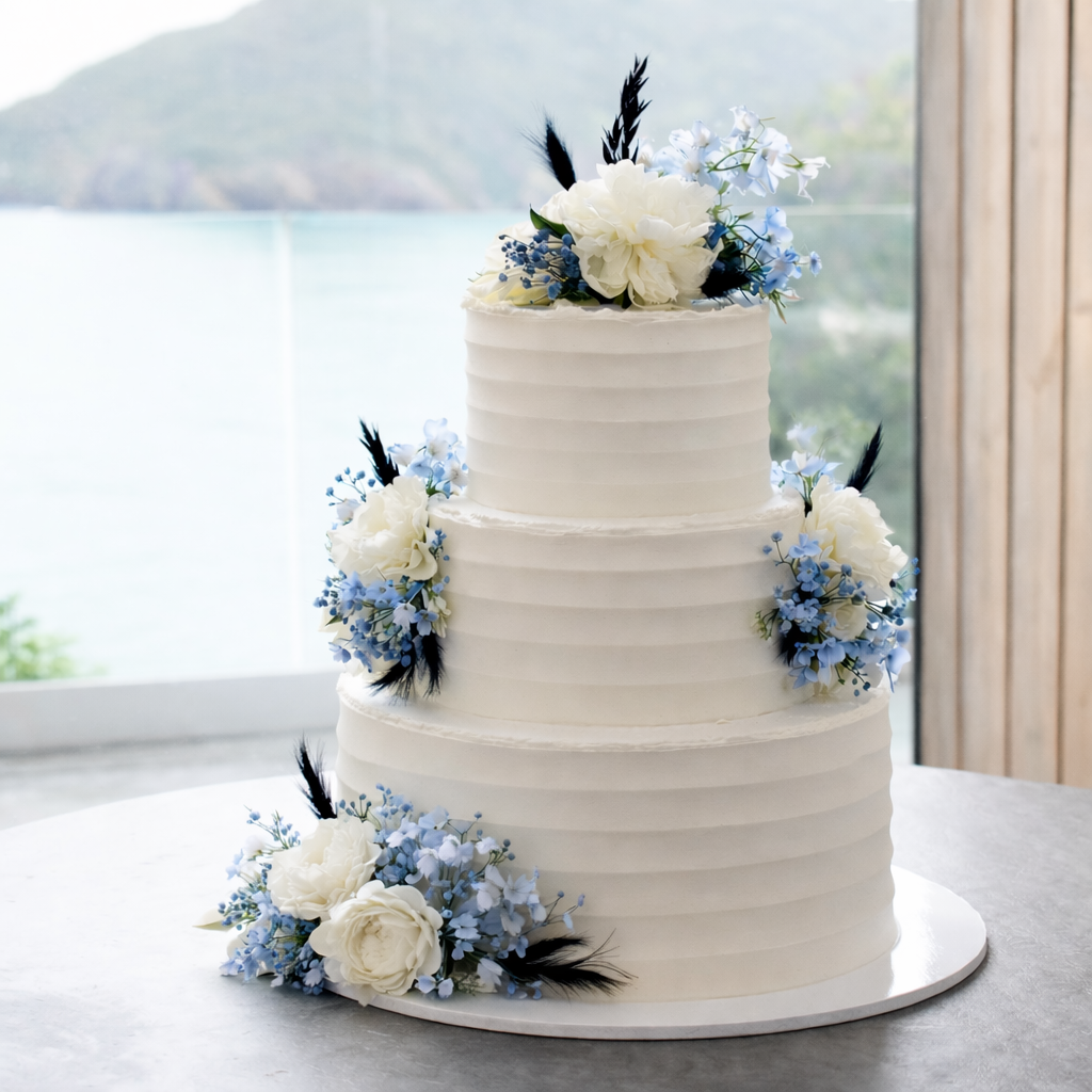 Three tier weddin buttercream wedding cake with fresh blue flowers.