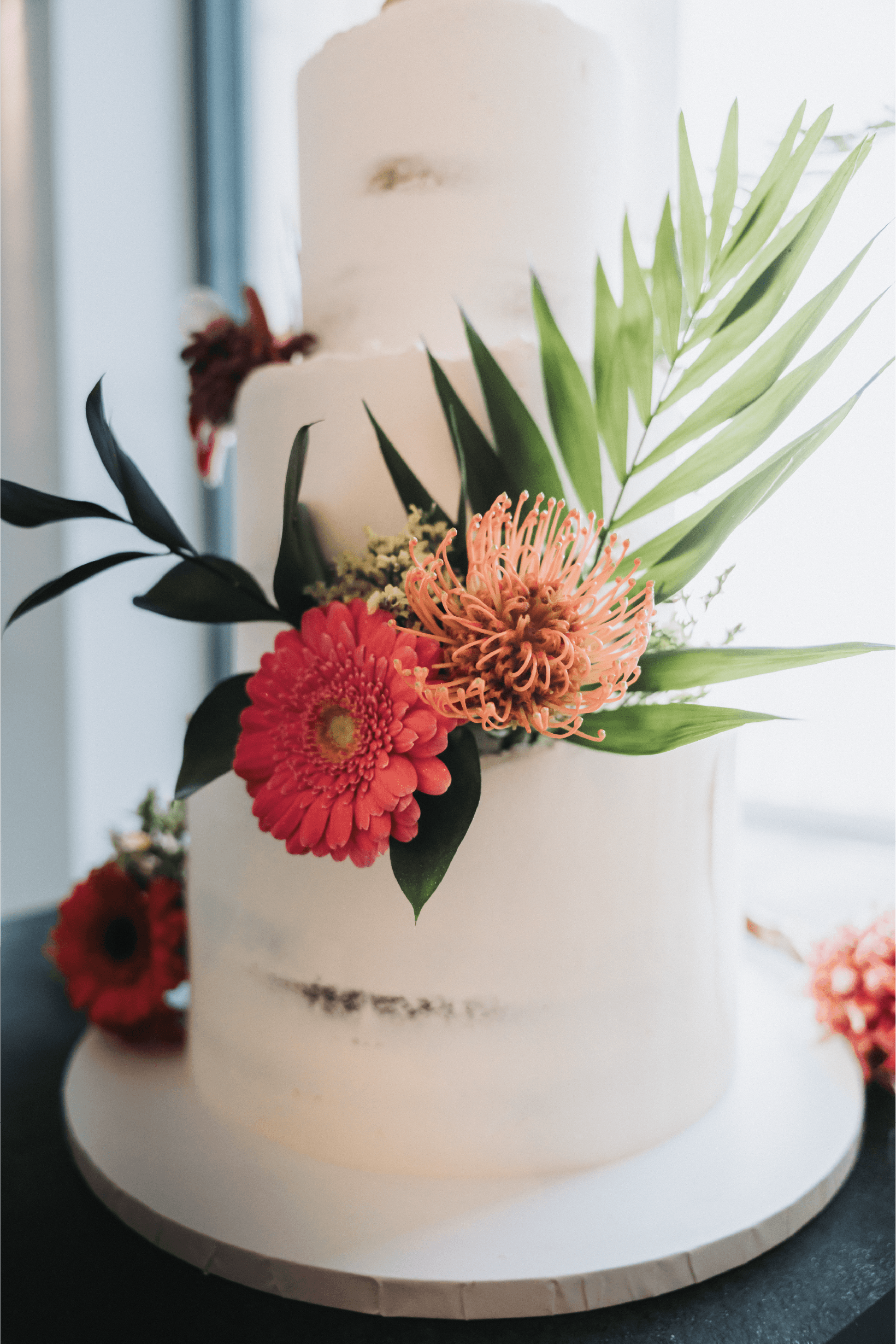 Tropical themed bespoke wedding cake in Devon.