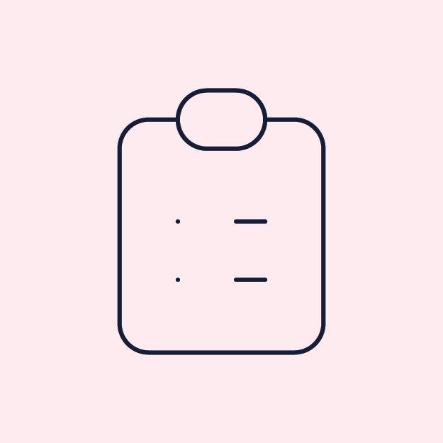 Illustration of a clipboard with two checkboxes and lines for text on a light pink background.