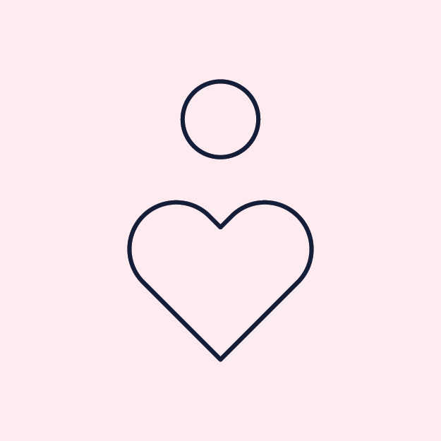 Outline of a person with a circle for the head and a heart for the body on a pink background.