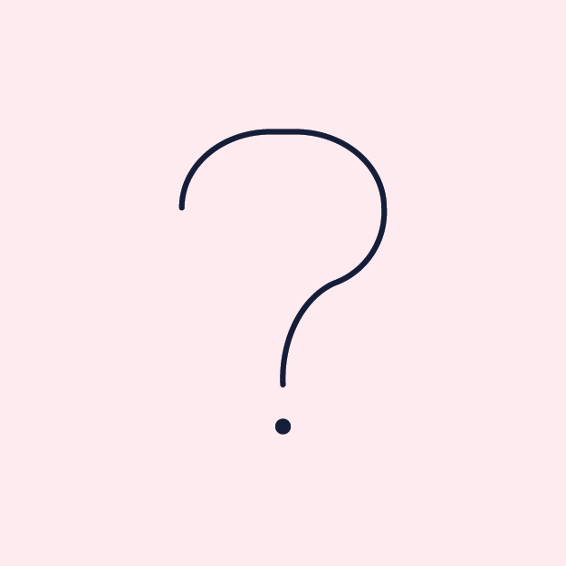 A large black question mark on a light pink background.