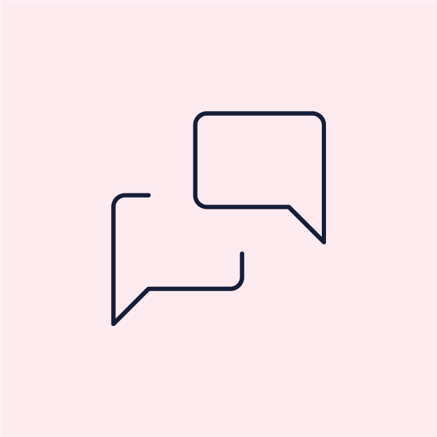 Two speech bubbles, one outlined in dark blue, overlapping on a light pink background.