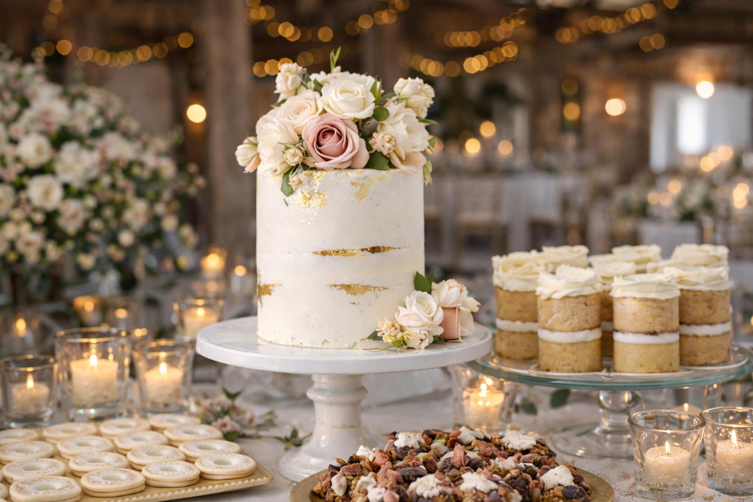 A wedding cake decorated with pink and white roses on top, with gold accents. Surrounding the cake are assorted cookies, cupcakes with white frosting, and a tray of bark. The background is decorated with warm string lights, creating a festive atmosphere.
