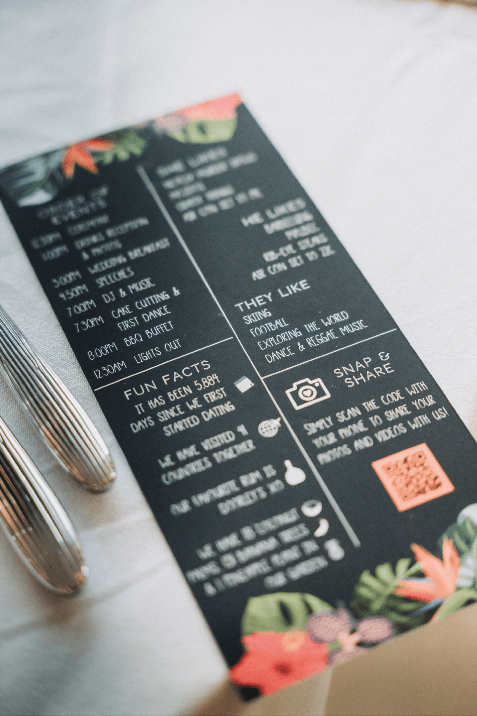 Tropical themed wedding menu.