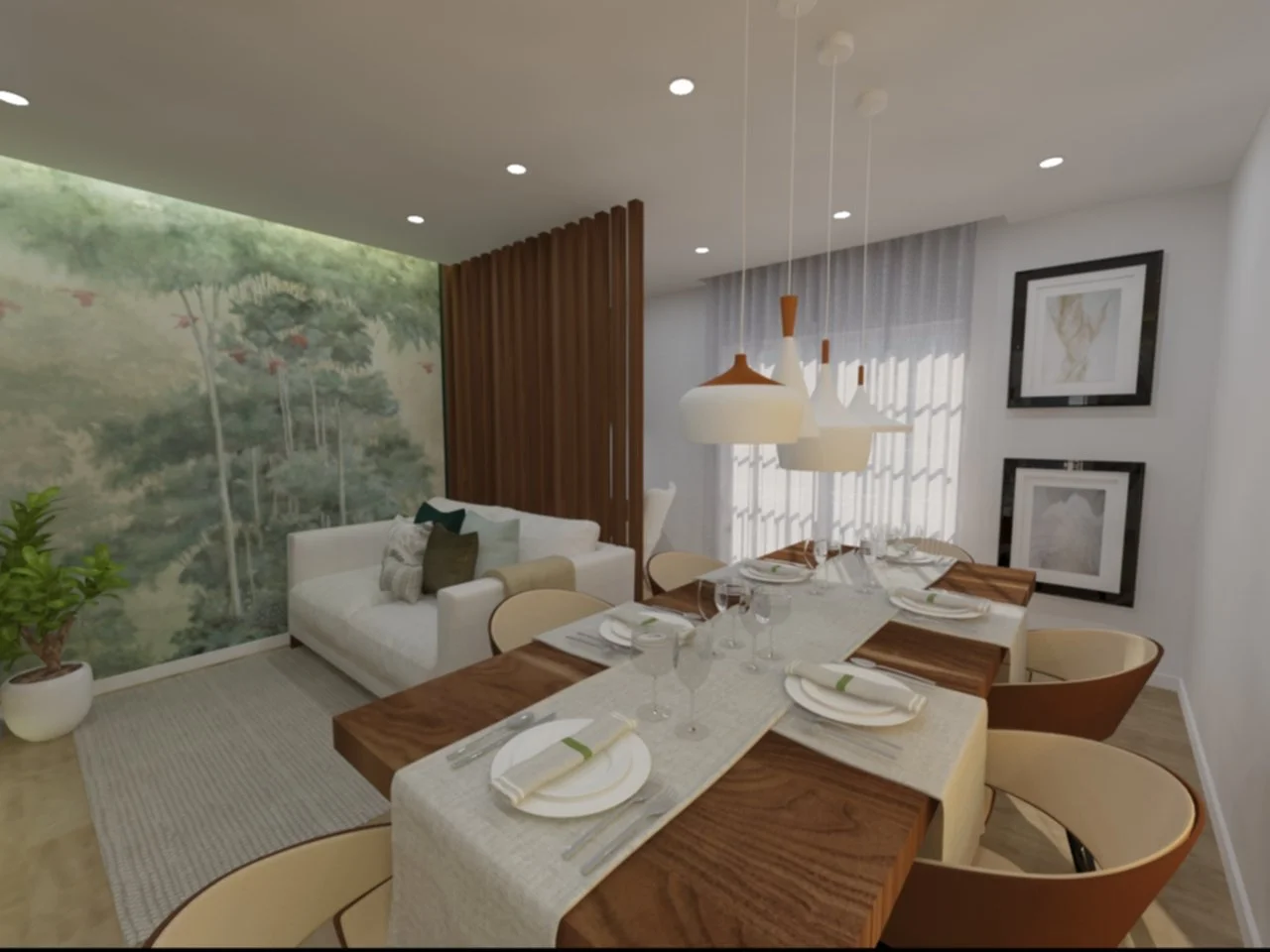 Sala de jantar com mesa de madeira, cadeiras, iluminação pendente, parede com mural de árvores e plantas, poltrona branca, quadros na parede, cortinas brancas e piso de madeira.