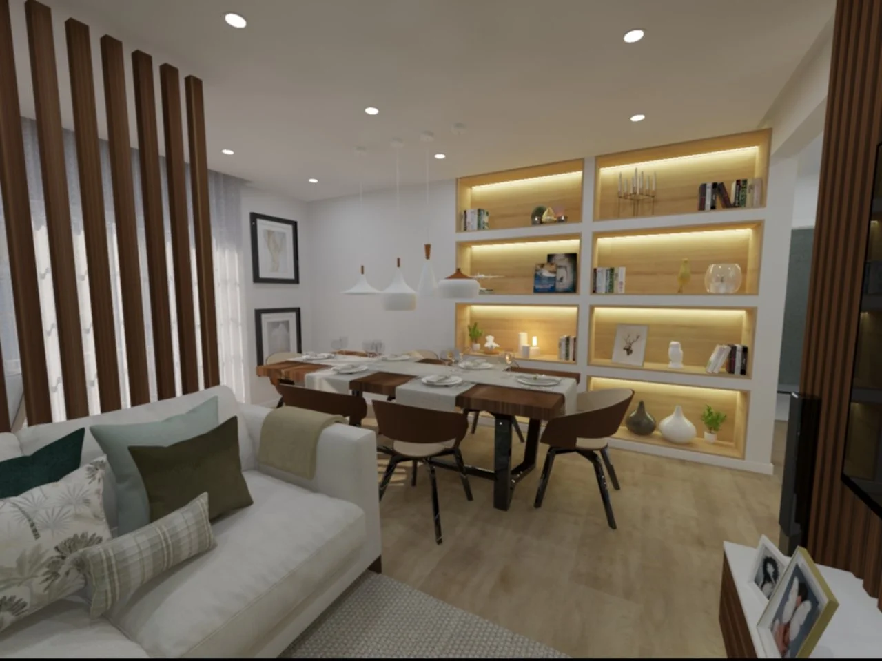 Sala de jantar e sala de estar com decoração moderna, prateleiras de madeira com iluminação, sofá branco com almofadas e mesa de jantar com cadeiras de madeira