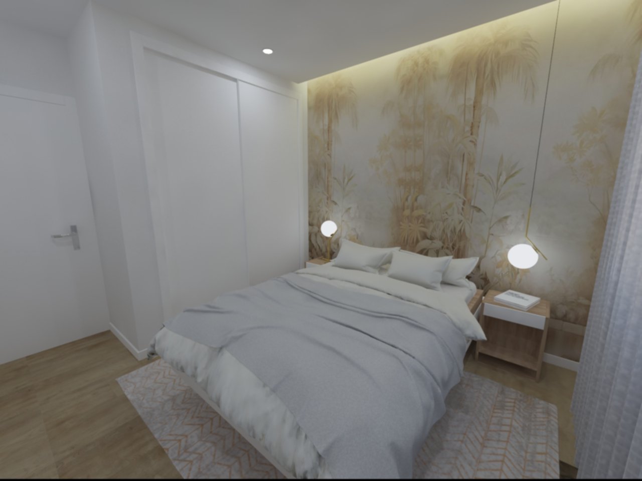 Quarto decorado com parede de papel de parede com estampa de natureza, cama com roupas brancas, duas luminárias de leitura ao lado da cama, e uma cômoda com livros ao lado da parede.