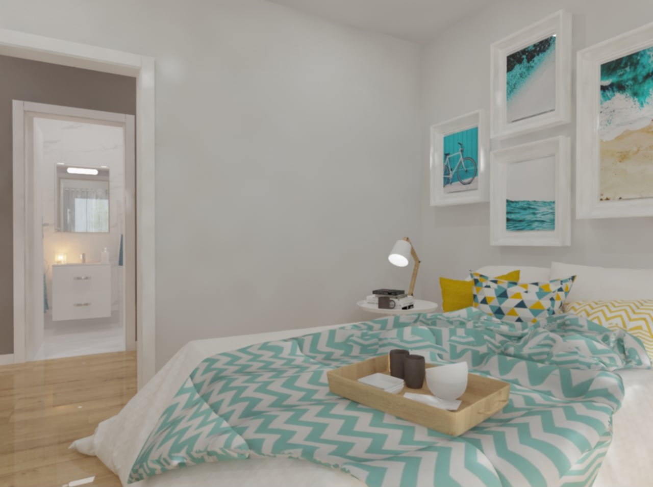 Home Staging 3D de Apartamento em Quarteira, Algarve.
Perspetiva de Quarto com decoração leve, remetendo para um ambiente descontraído de praia. Mesas de cabeceira e Cadeira de apoio de estilo nórdico, pintadas a branco, cama com lençois brancos e Ed