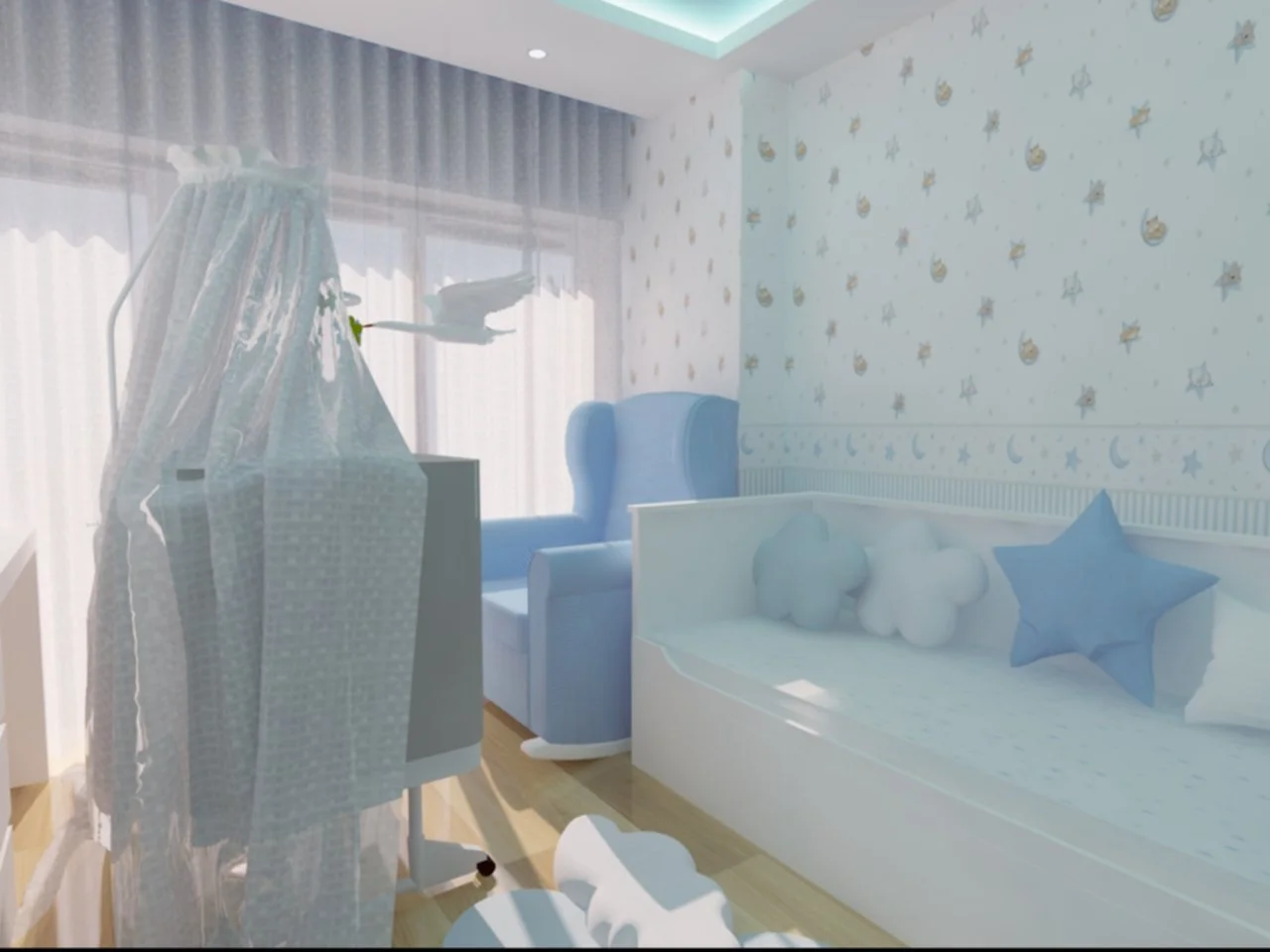 Quarto de bebê com decoração azul, parede com estrelas, lua e peixe na parede, berço com almofadas em forma de nuvem e estrela, poltrona azul e cortina de tecido leve na janela.