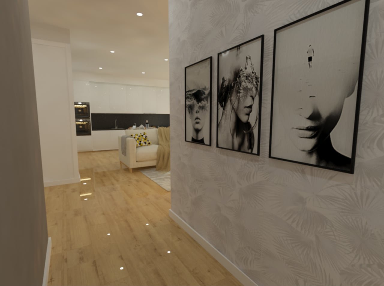 Corredor de uma casa moderna com parede decorada, quadros de retratos femininos em preto e branco e piso de madeira. Sala de estar com sofá branco, almofadas coloridas e cozinha ao fundo.