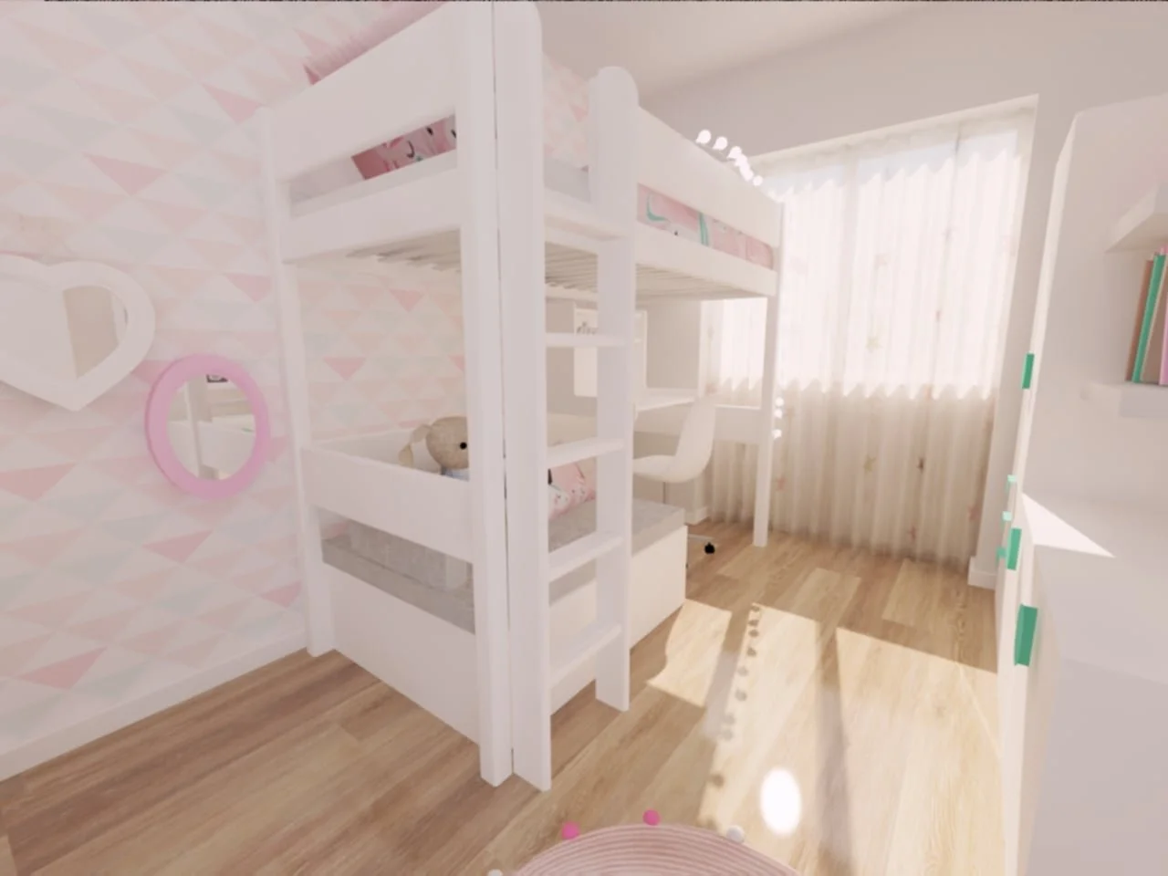 Quarto infantil com cama beliche branca, decoração suave com papel de parede rosa e branca, espelhos decorativos na parede, cortina de algodão com luz natural, e piso de madeira.
