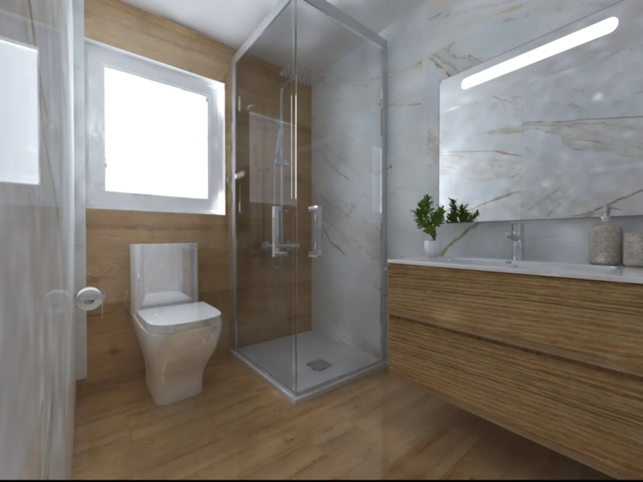 Banheiro com piso de madeira, paredes de mármore, banheiro, pia com gavetas de madeira, janela grande, ducha de vidro, vaso sanitário e vaso com plantas decorativas.