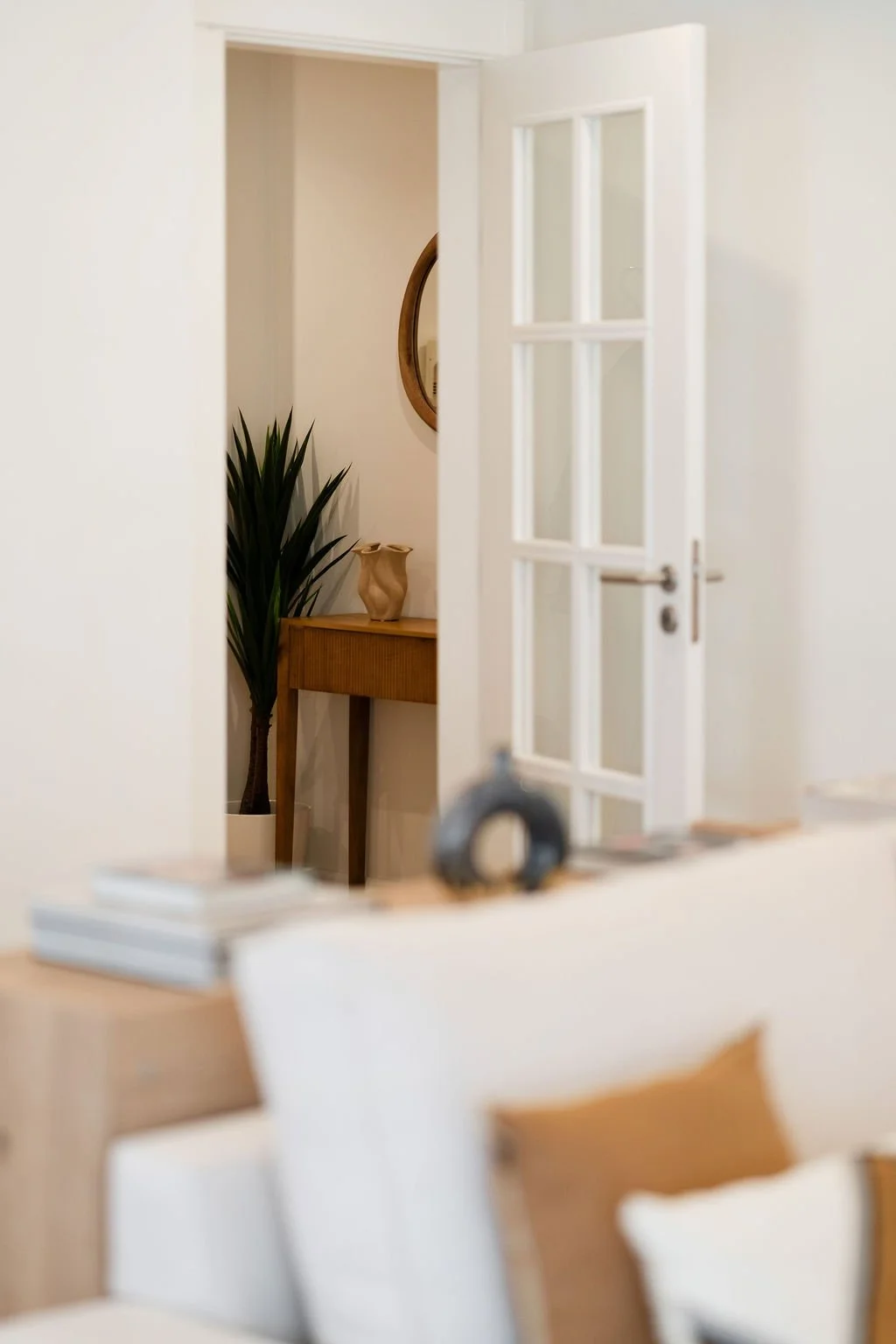 Imagem de uma sala com uma porta de vidro branco parcialmente aberta, uma plantas alta ao lado, aramário de madeira com uma escultura de vaso. Há também um espelho redondo na parede ao fundo.