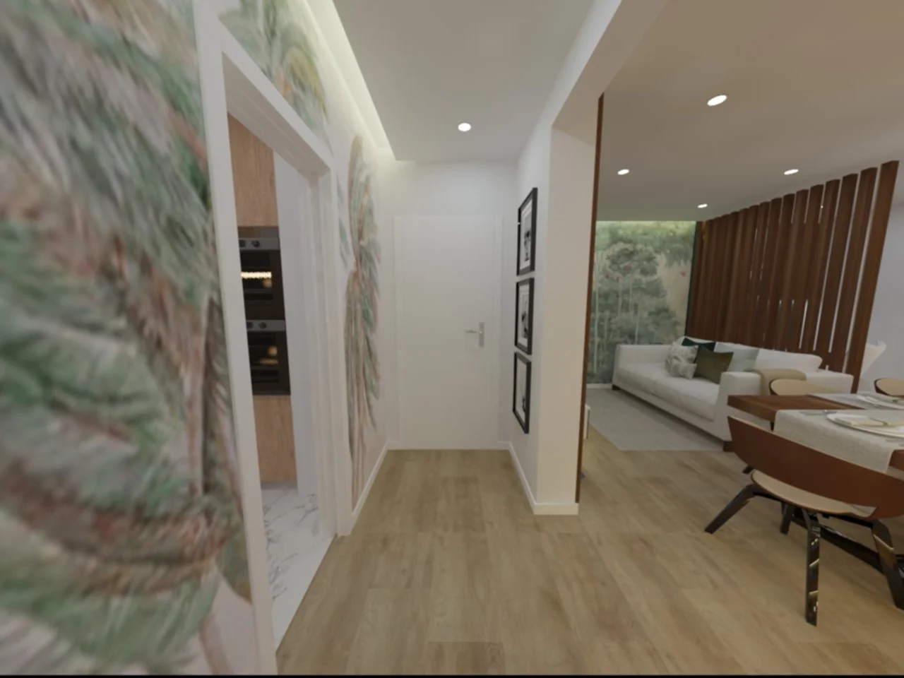 Corredor com parede de relevo decorativo ao lado de uma sala de estar com sofá branco e painéis de madeira na parede ao fundo.