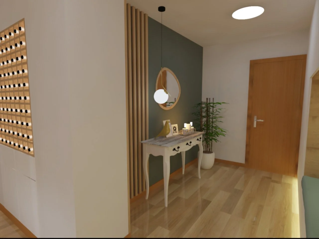 Entrada decorada com espelho de moldura de madeira, mesa branca com gavetas, luminária pendente, plantas, velas e fotos, parede de destaque verde escura e porta de madeira.