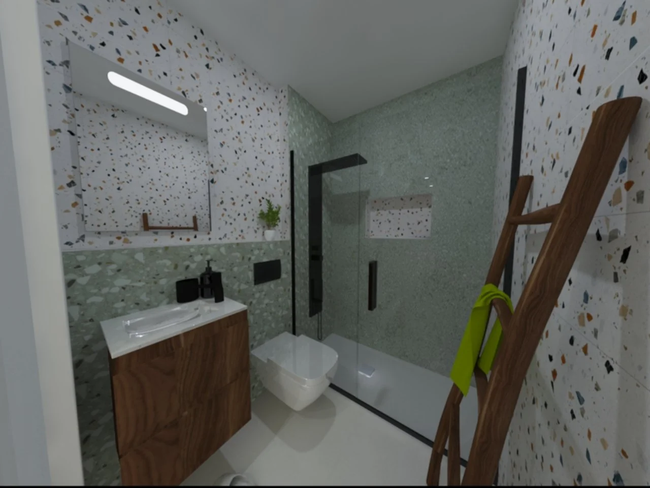 Banheiro moderno com paredes de azulejos de cores variadas, espelho acima da pia de madeira, pia branca com saboneteiras pretas, vaso sanitário branco, chuveiro com vidro e porta de correr, escada de madeira com toalha verde pendurada.