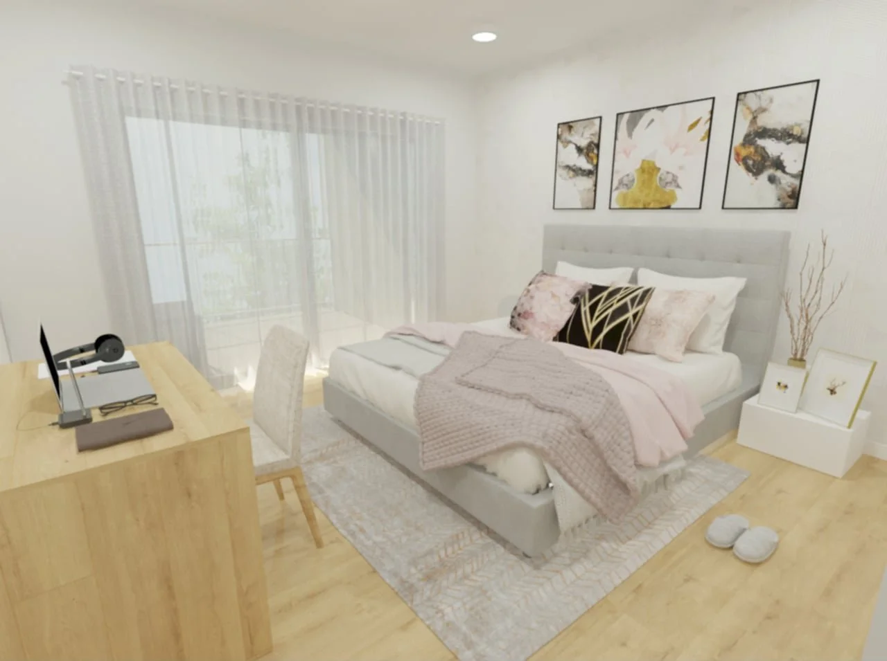 Quarto decorado com paredes brancas, painel de cabeceira de tecido claro, quadros abstratos acima da cama, cama com almofadas decorativas, roupa de cama rosada e cachecol de lã, tapete claro, cortinas transparentes, escrivaninha de madeira com teclad